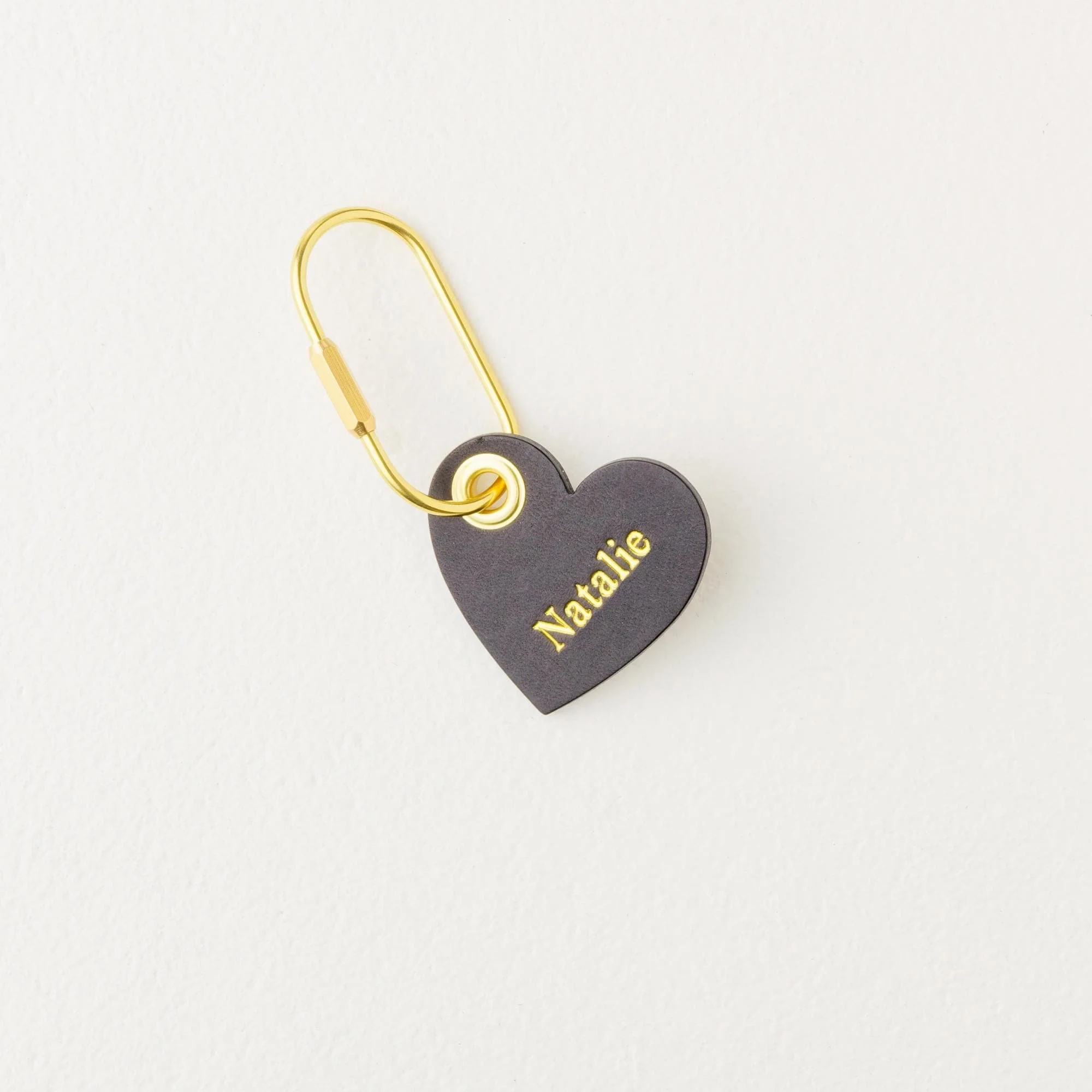 Personalized black heart shaped leather purse charm / keychain with gold finish hardware.