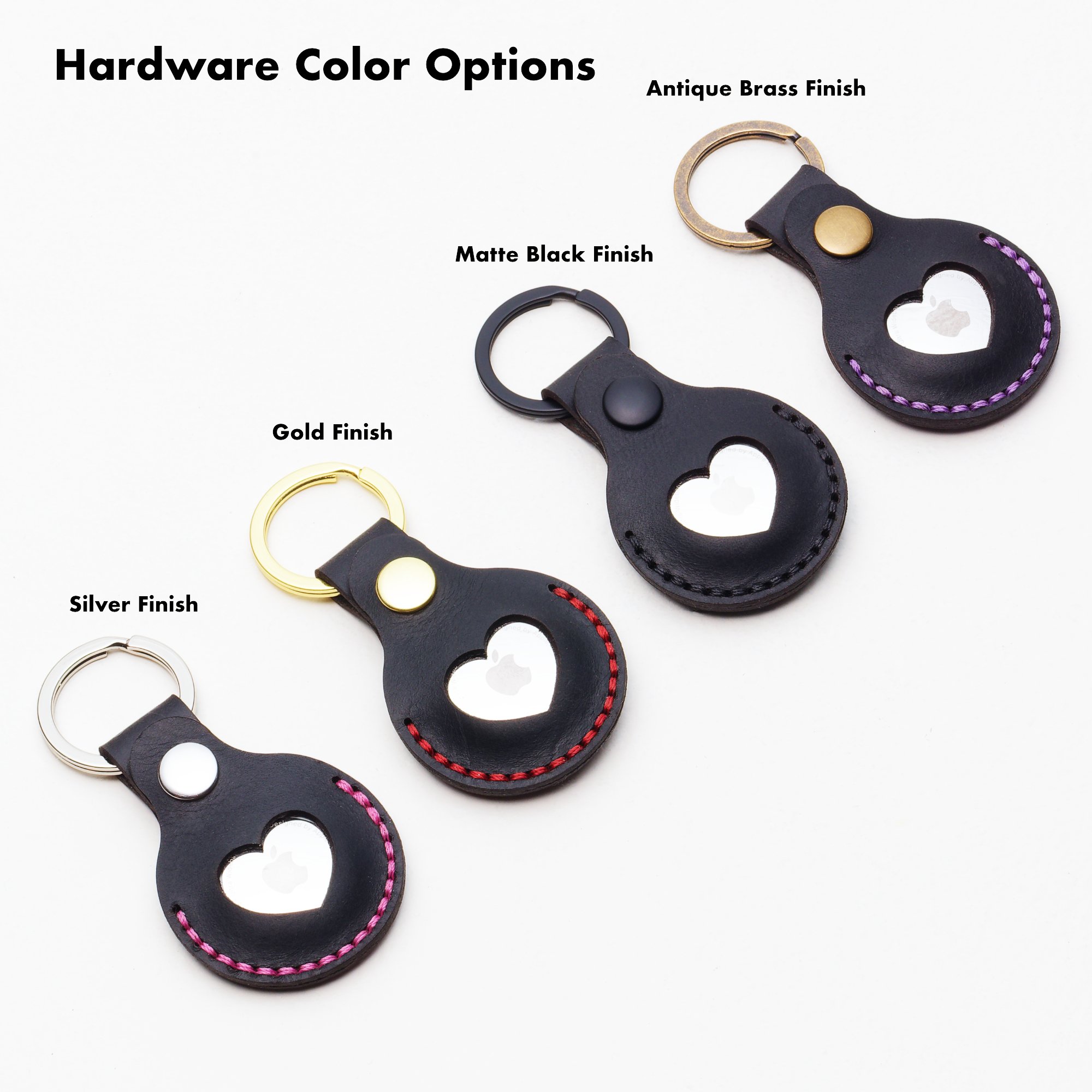 Hardware color descriptions for custom black leather AirTag Keychains