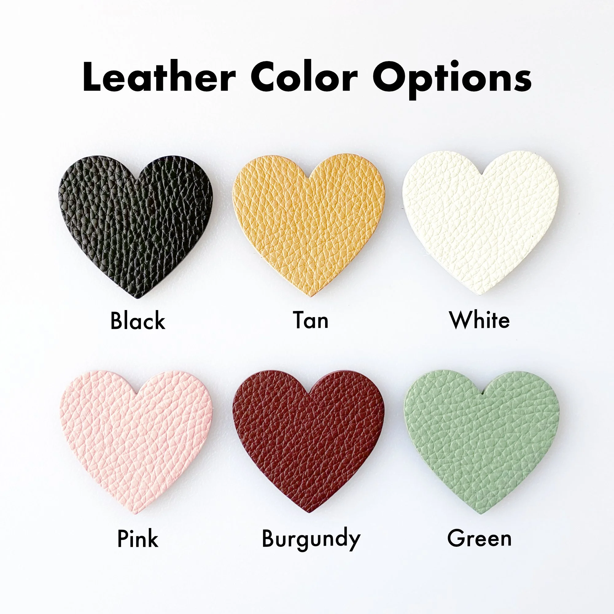 Pebble grain leather color options for personalized heart keychain and purse charm.