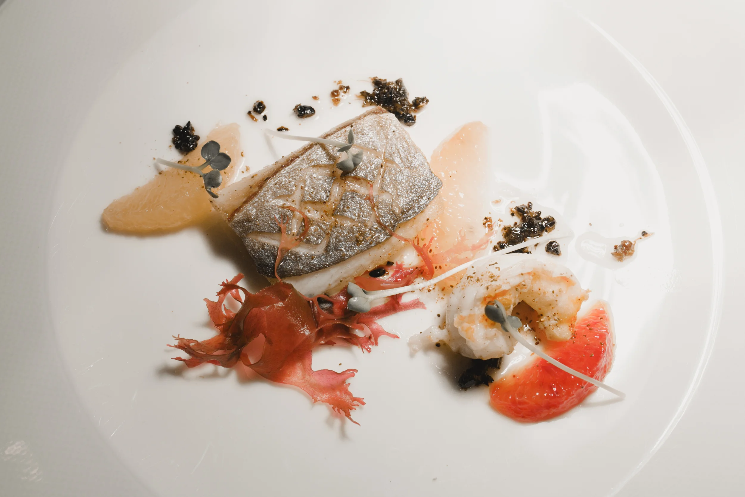 Pompano: Amaebi, Black Bean Pesto, Pickled Citrus