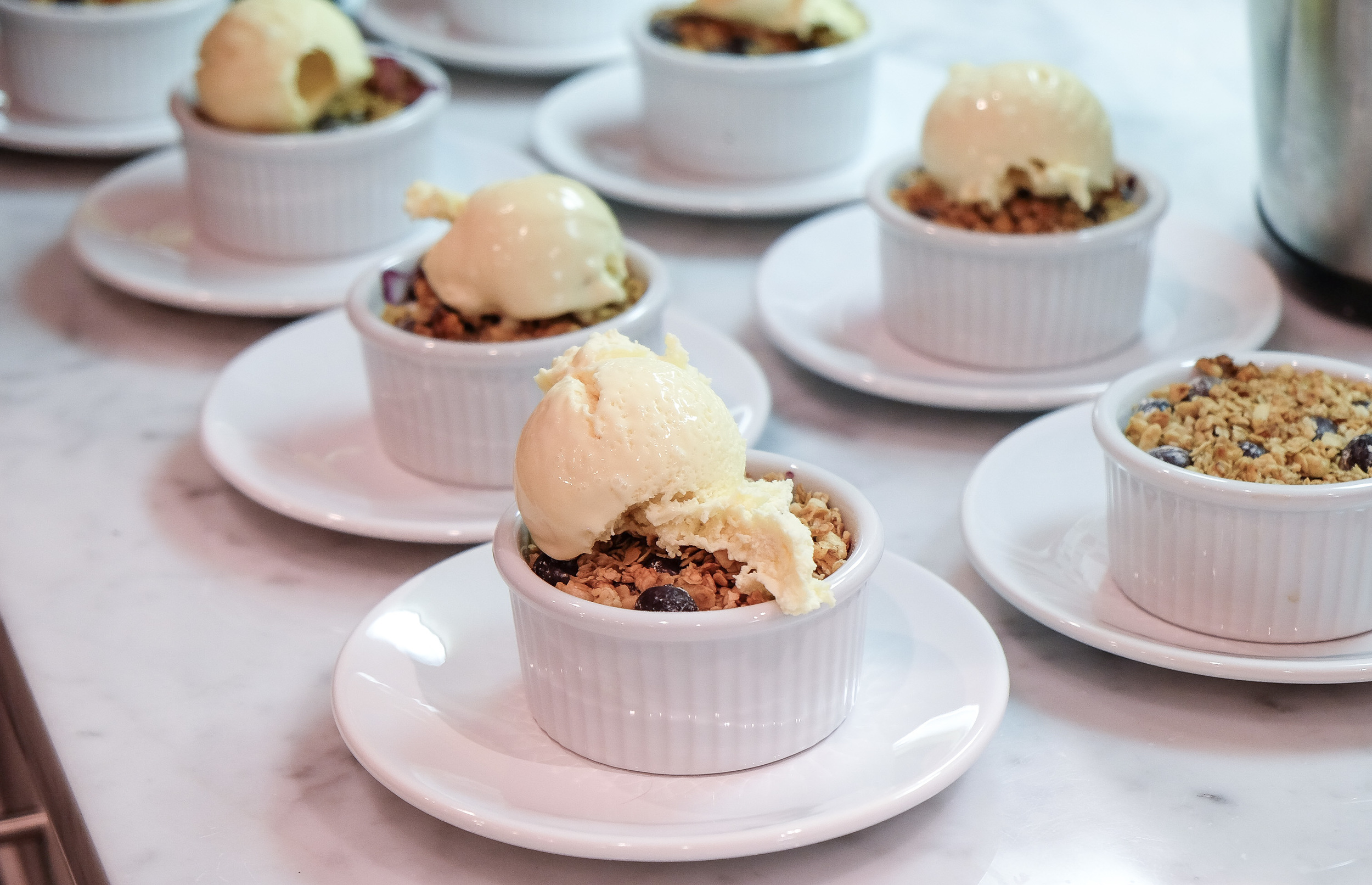 Tom West Blueberry Cobbler topped with House-made Tahitian Vanilla Ice Cream