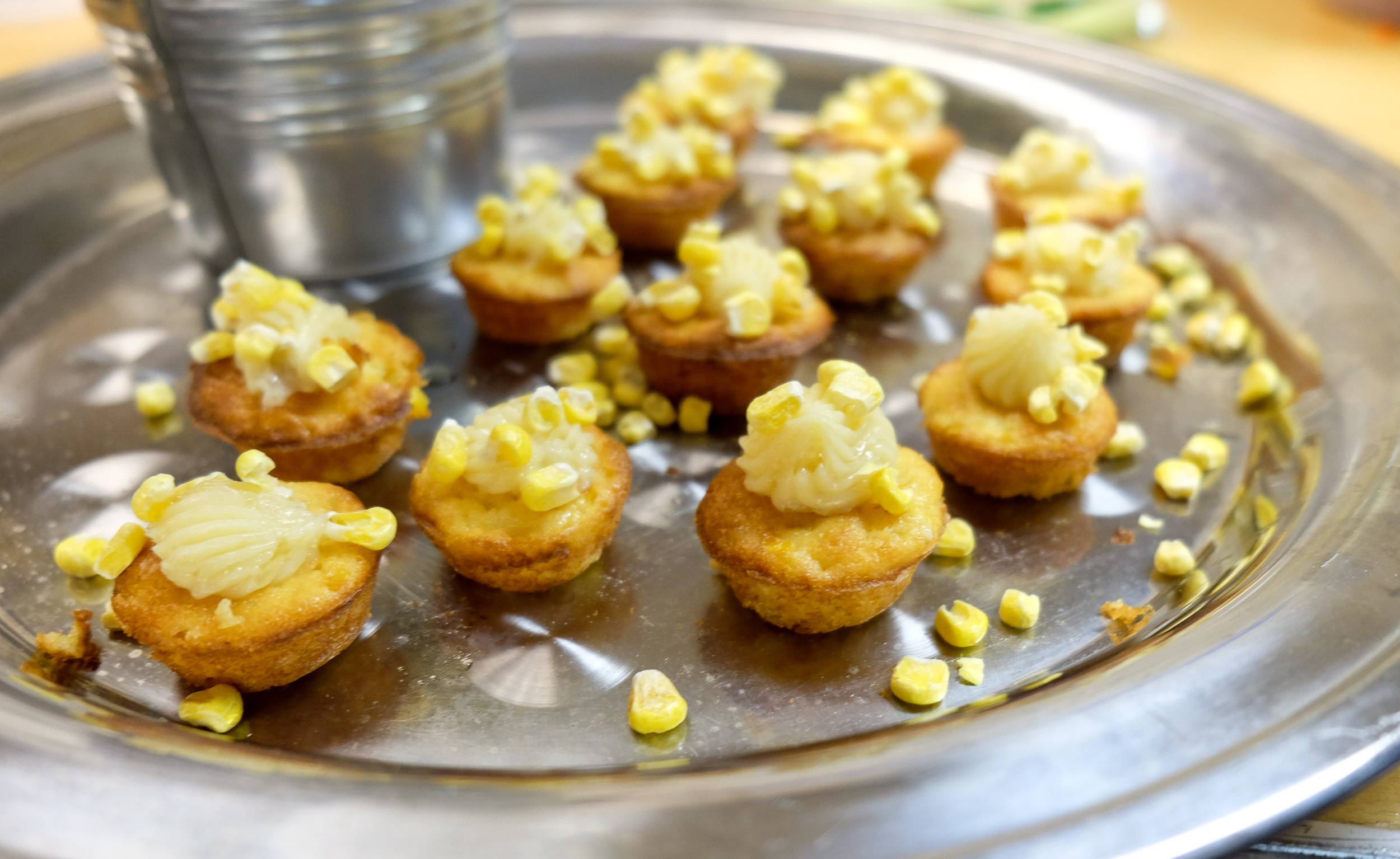 Mini Corn Muffins with Honey Butter & Charred Corn Garnish