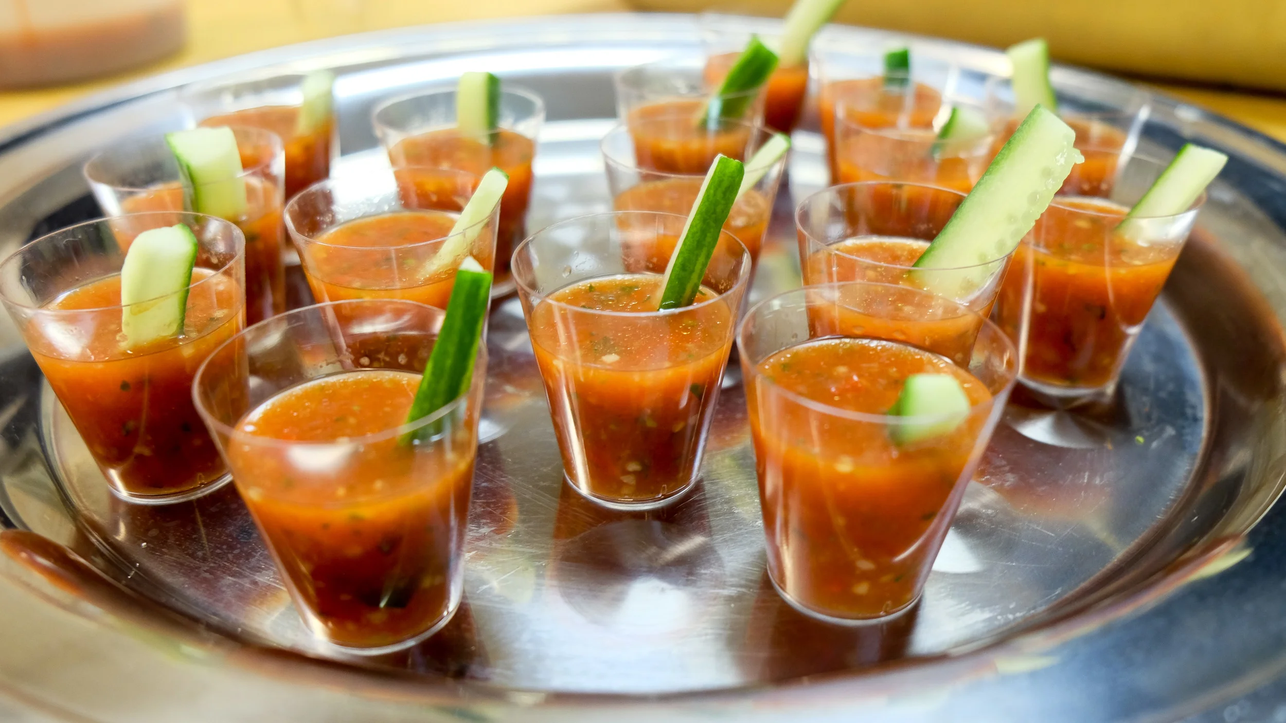Fresh Gazpacho Shooter with Cucumber Garnish