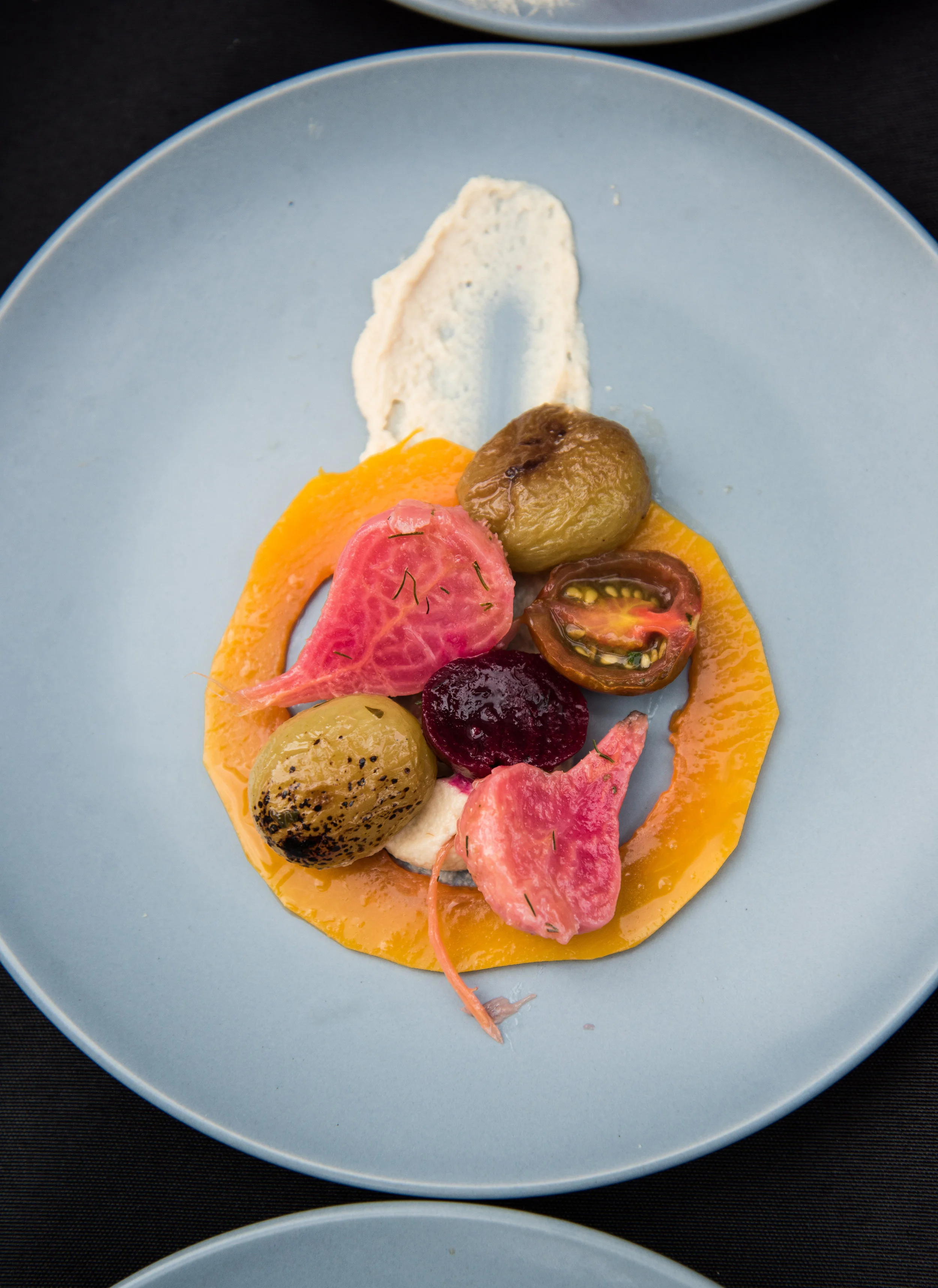 Next up Guests were treated to Eggplant Ricotta Mousse, Smoked Tomatoes, Chard Pluots, & Crispy Coin Potatoes by Art of Taste Orlando . Beautiful & Delicious! 
