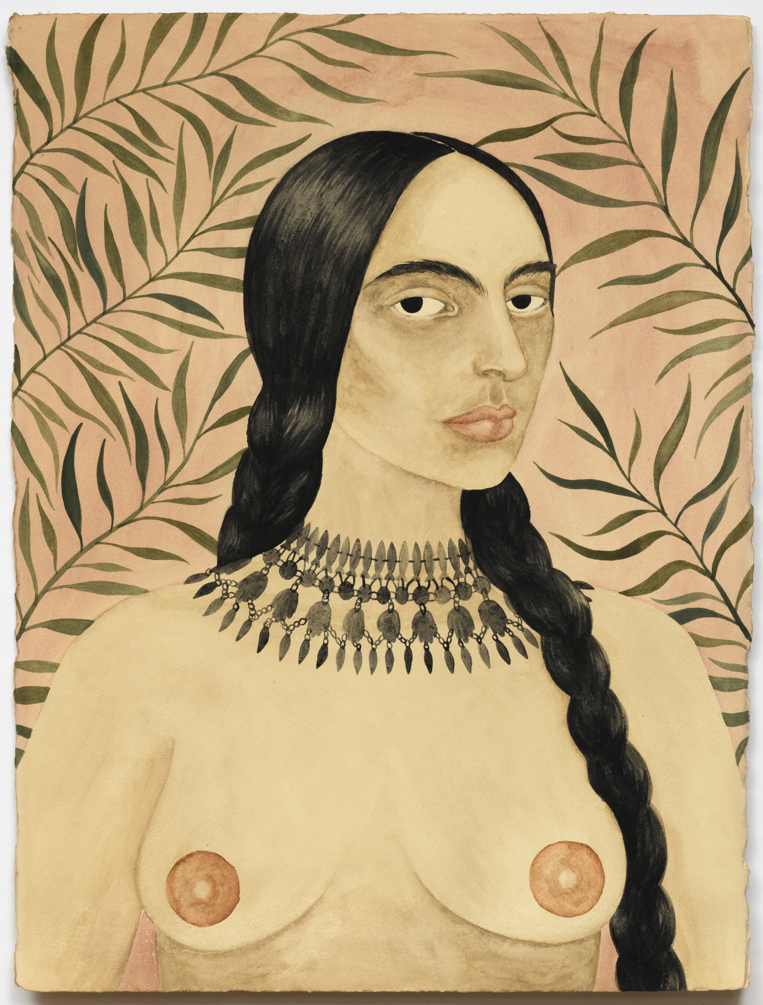   Portrait of unknown woman , 2020  Natural pigments, watercolor, ink on tea-dyed paper  30 × 22 in  76.2 × 55.9 cm 