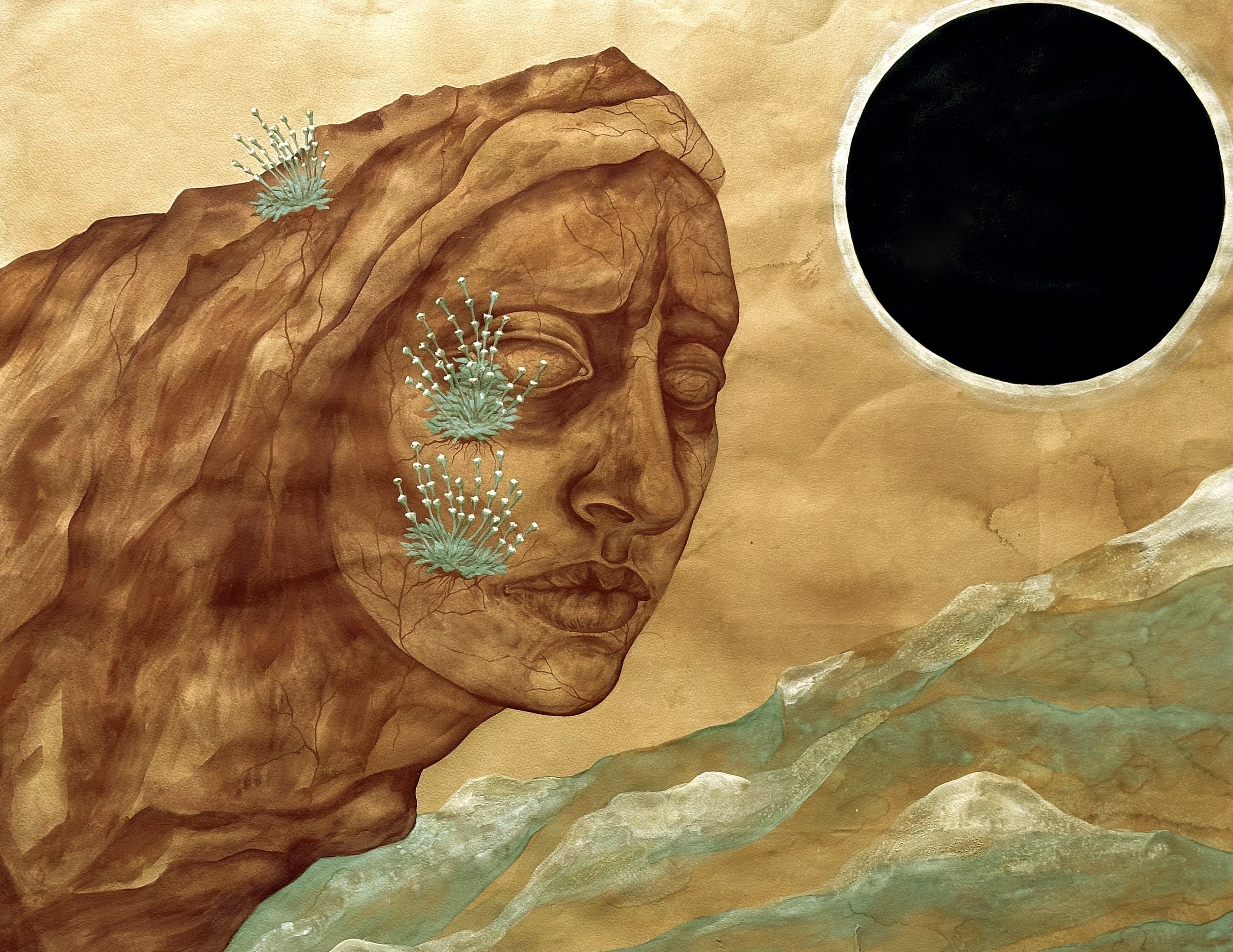   Growth beneath the cracks , 2026  natural pigments on tea dyed paper  150 × 172 cm 