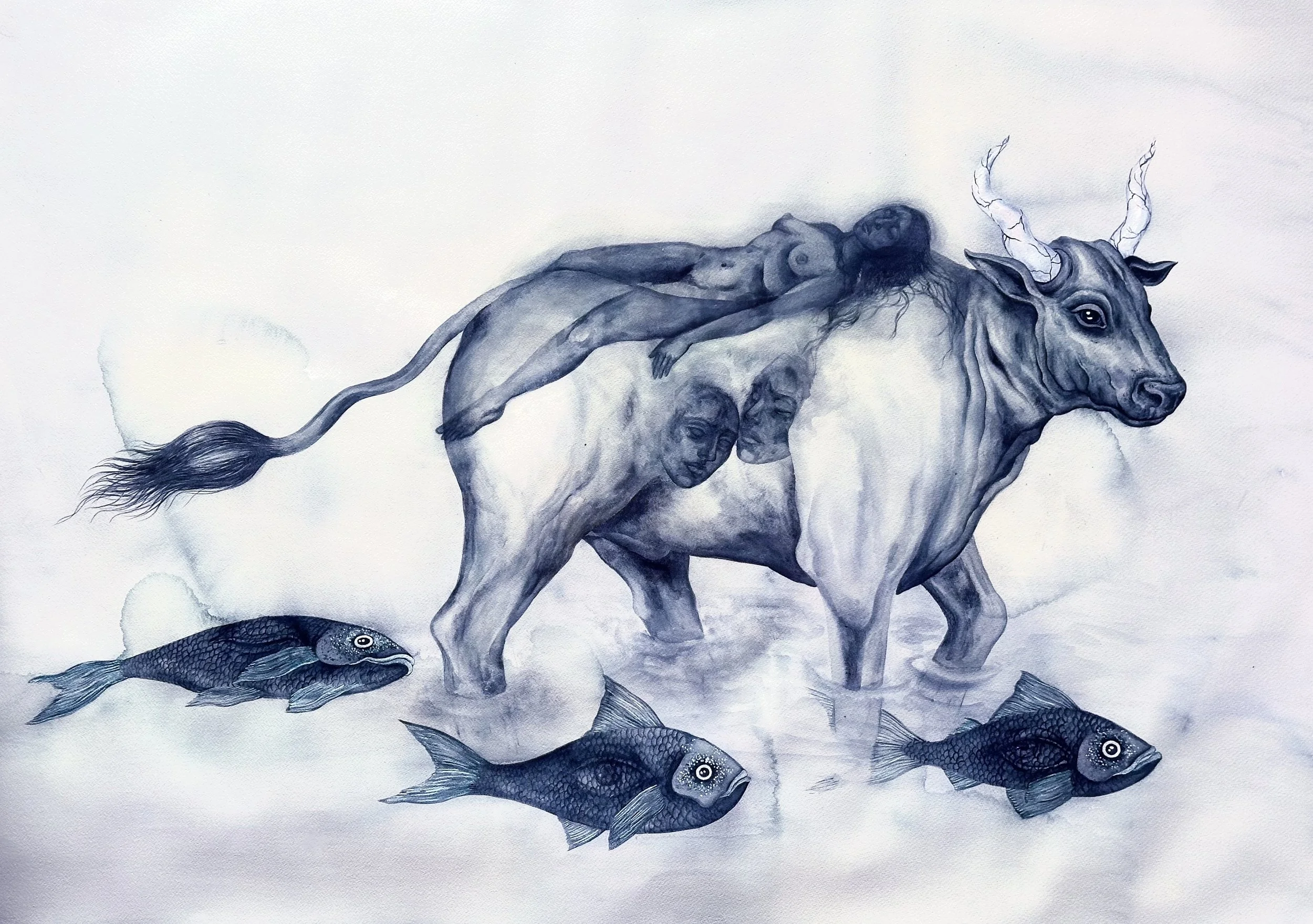   Psychogenic Illness, or the Weight Beneath the Water , 2026  indigo pigments on tea dyed paper  150 × 172 cm 