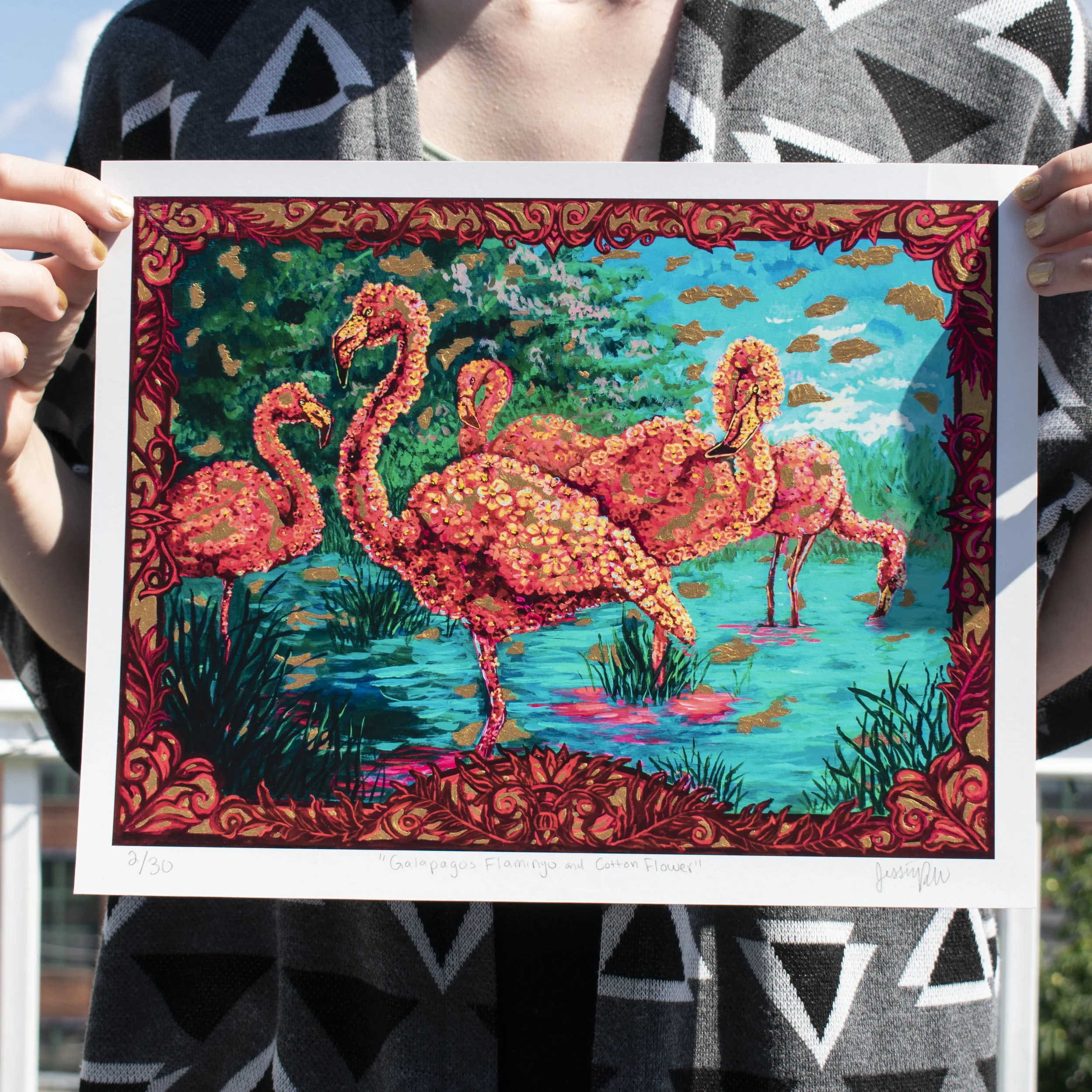 "Flamingos &amp; Cotton Flower" Limited Embellished Print