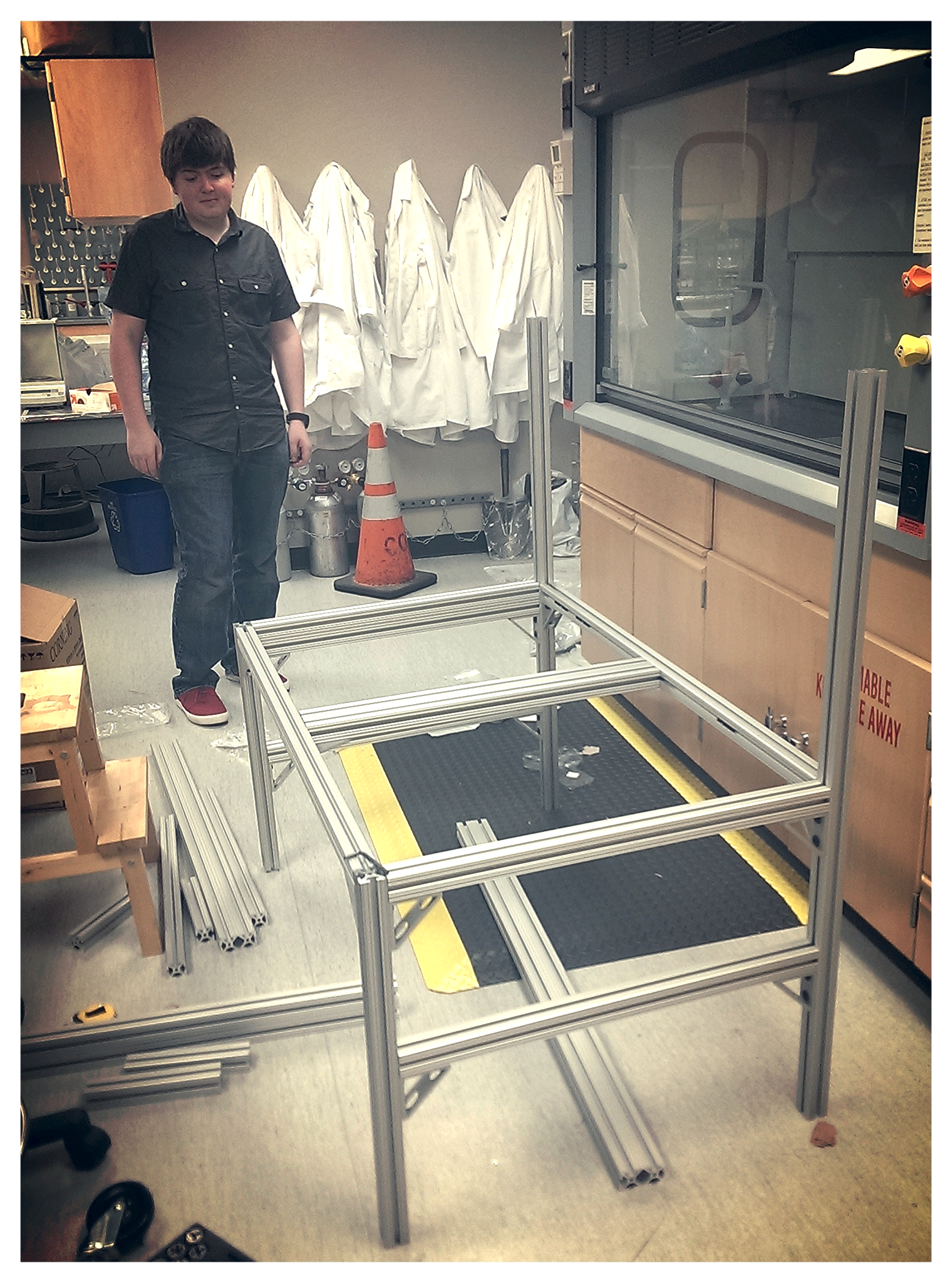 Ian admiring the sample prep cart-in-progress that he helped design.