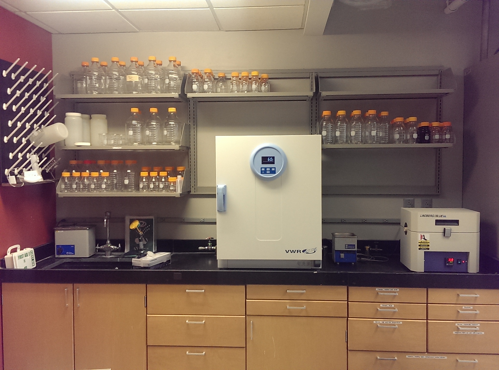 Our only lab bench so far (others are coming in September) with low- and high-temperature ovens in place.