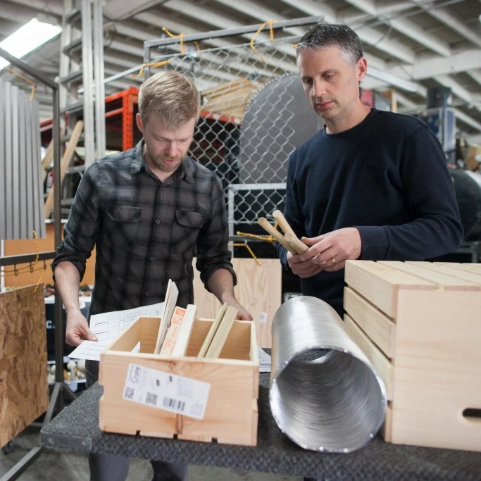Andrew Norman (left) and percussionist Wade Culbreath. Photo: Susanica Tam .