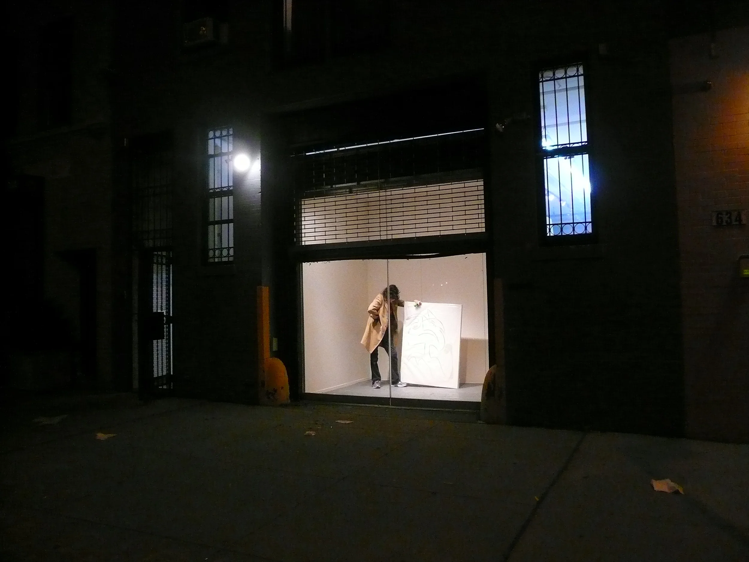  Coralina Cataldi-Tassoni installing Solo Exhibit&nbsp; Hidden By A Thread,&nbsp; Soapbox Gallery, NYC 