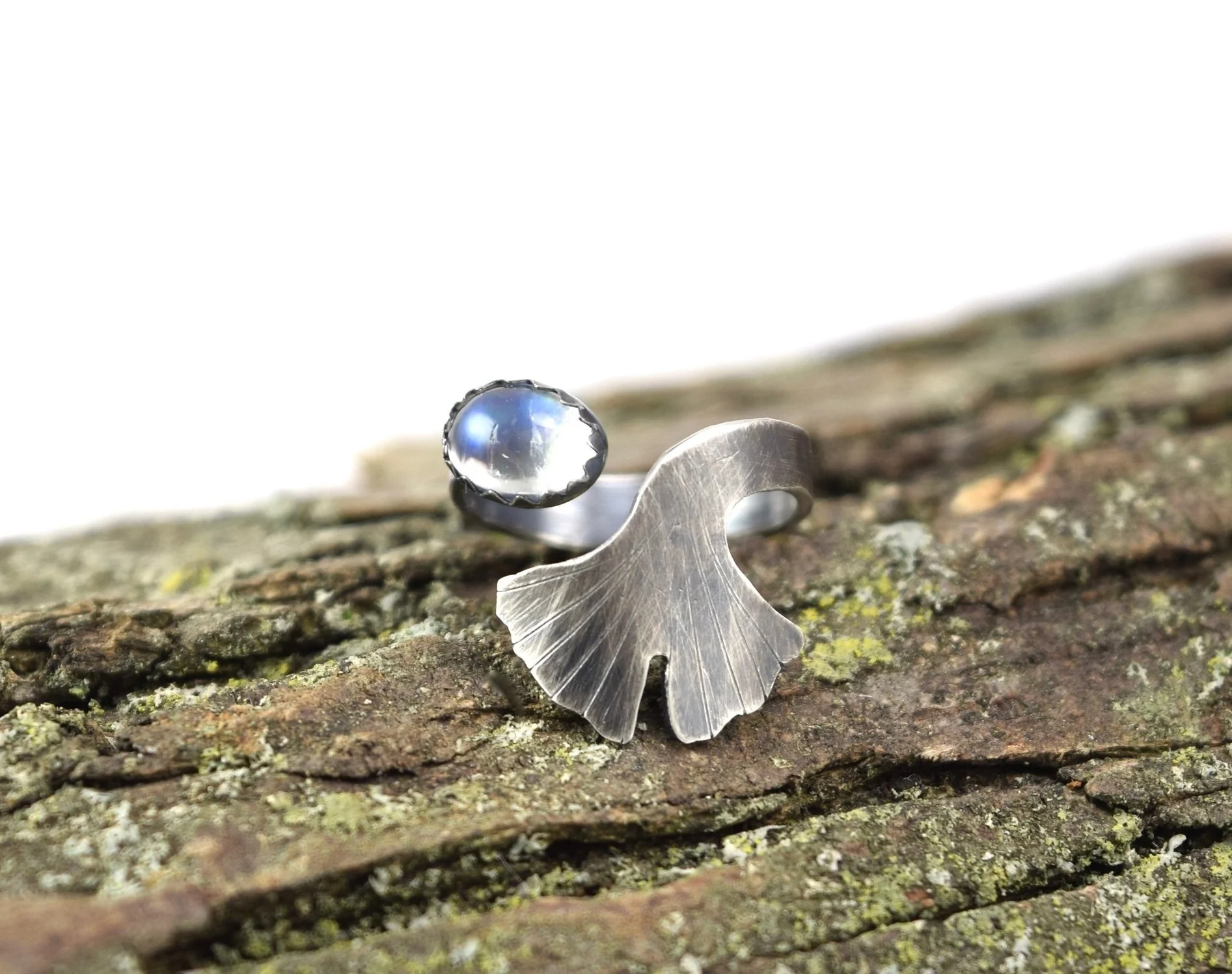 Moonstone Ginkgo Leaf Ring - Size 2-4 