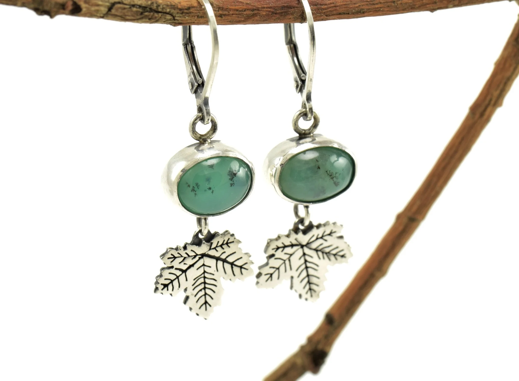 Chrysoprase &amp; Sycamore Leaf Earrings