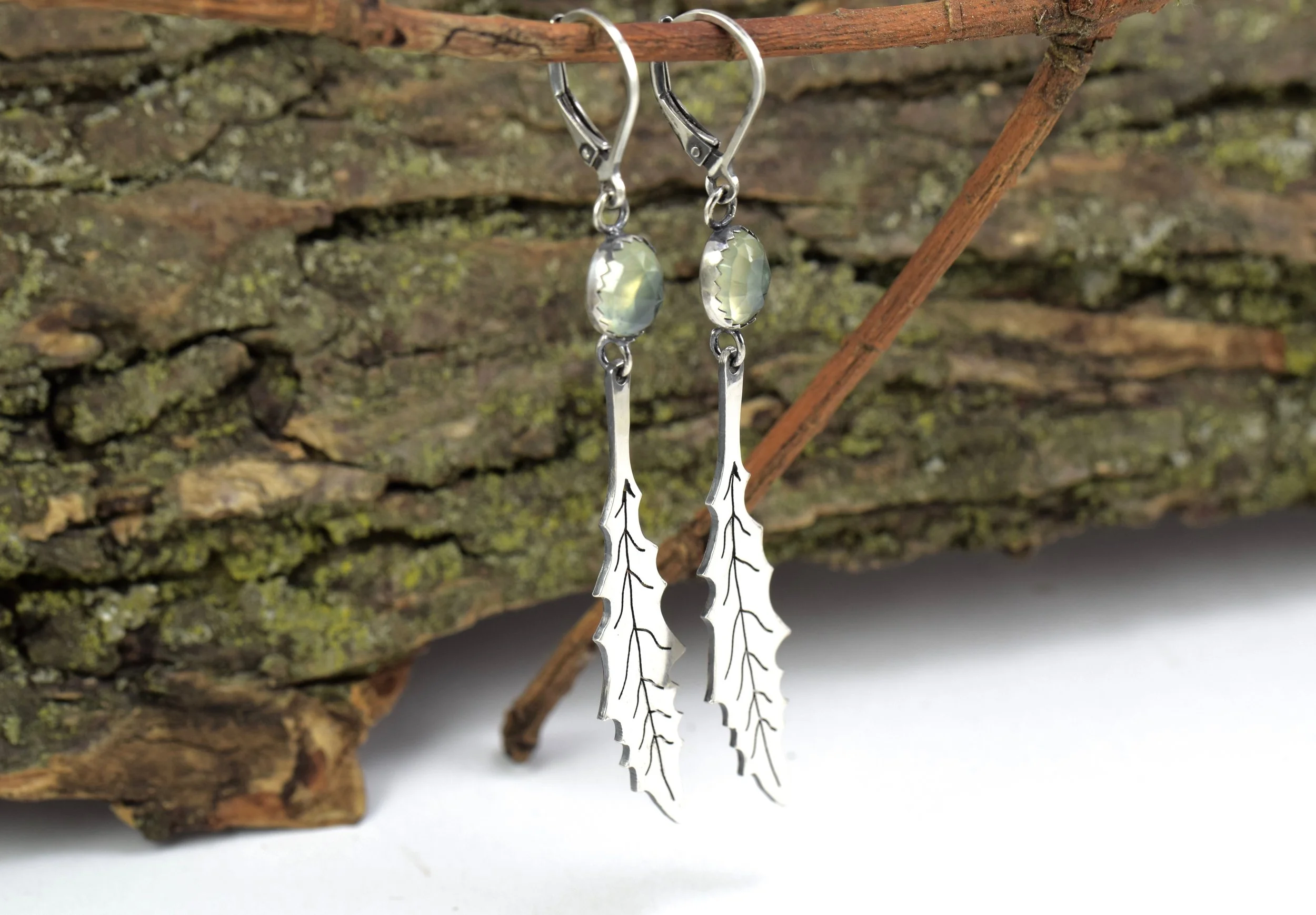 Prehnite Dandelion Leaf Earrings
