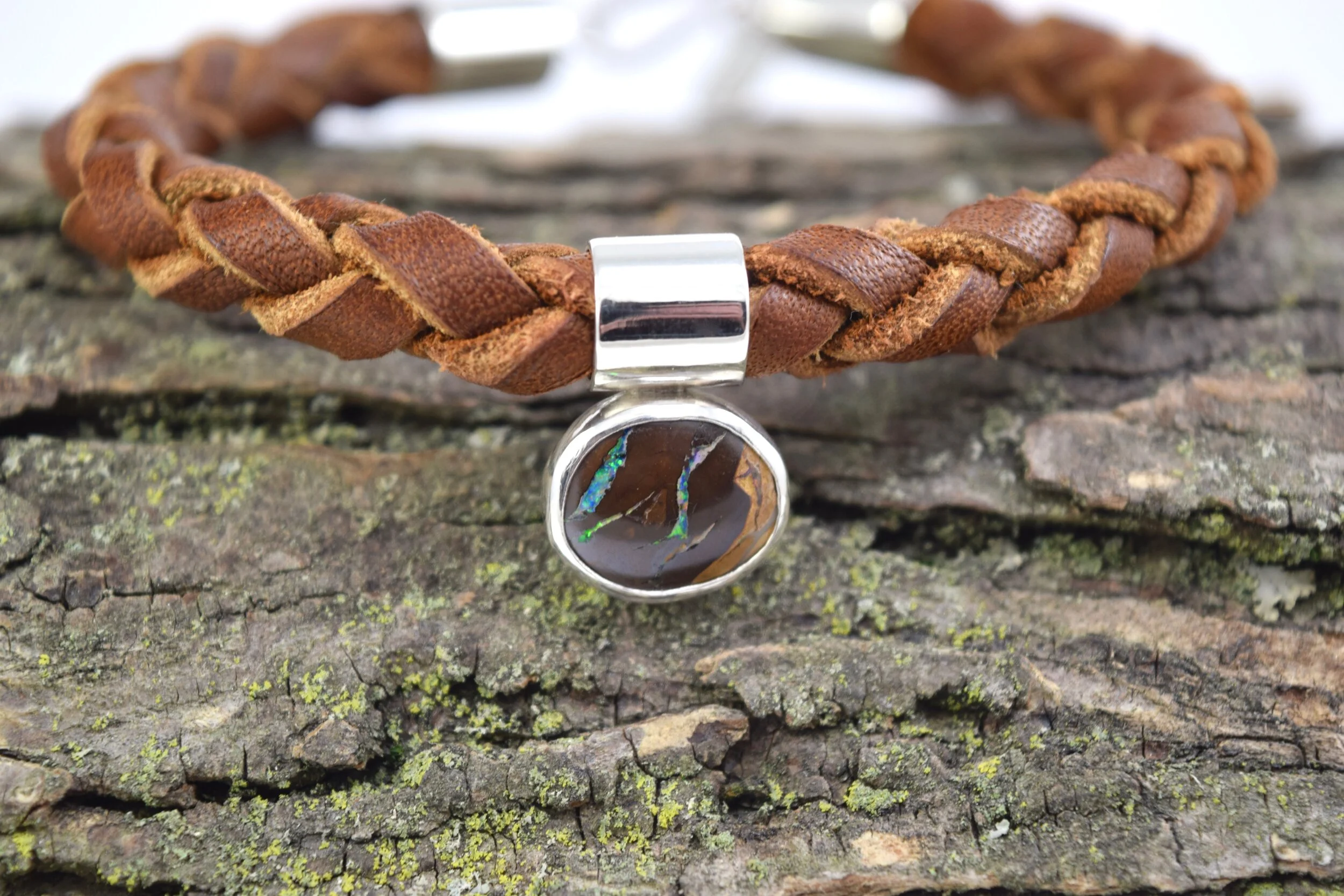Boulder Opal and Braided Leather Bracelet