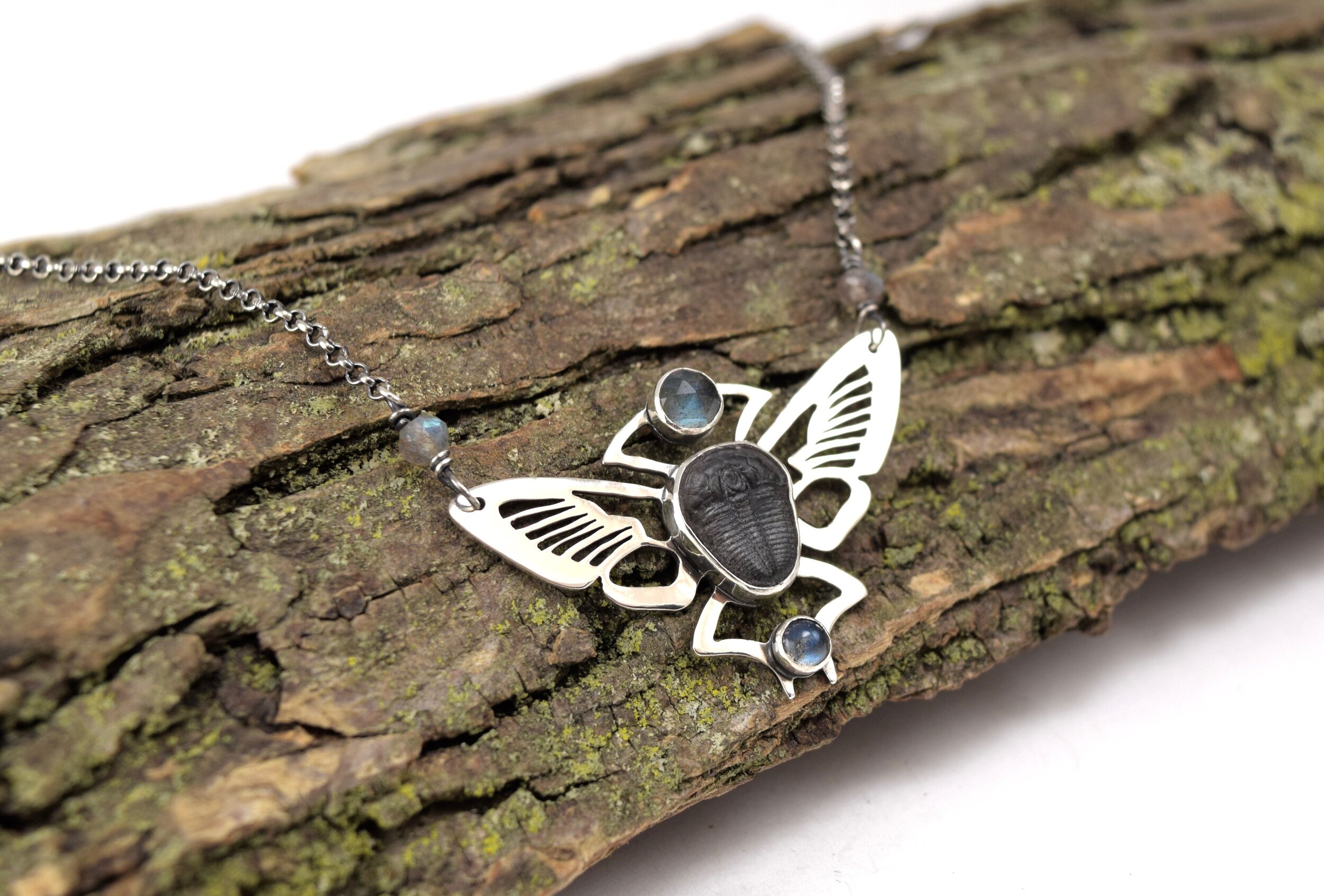 Clearwing Moth, Trilobite and Labradorite Necklace