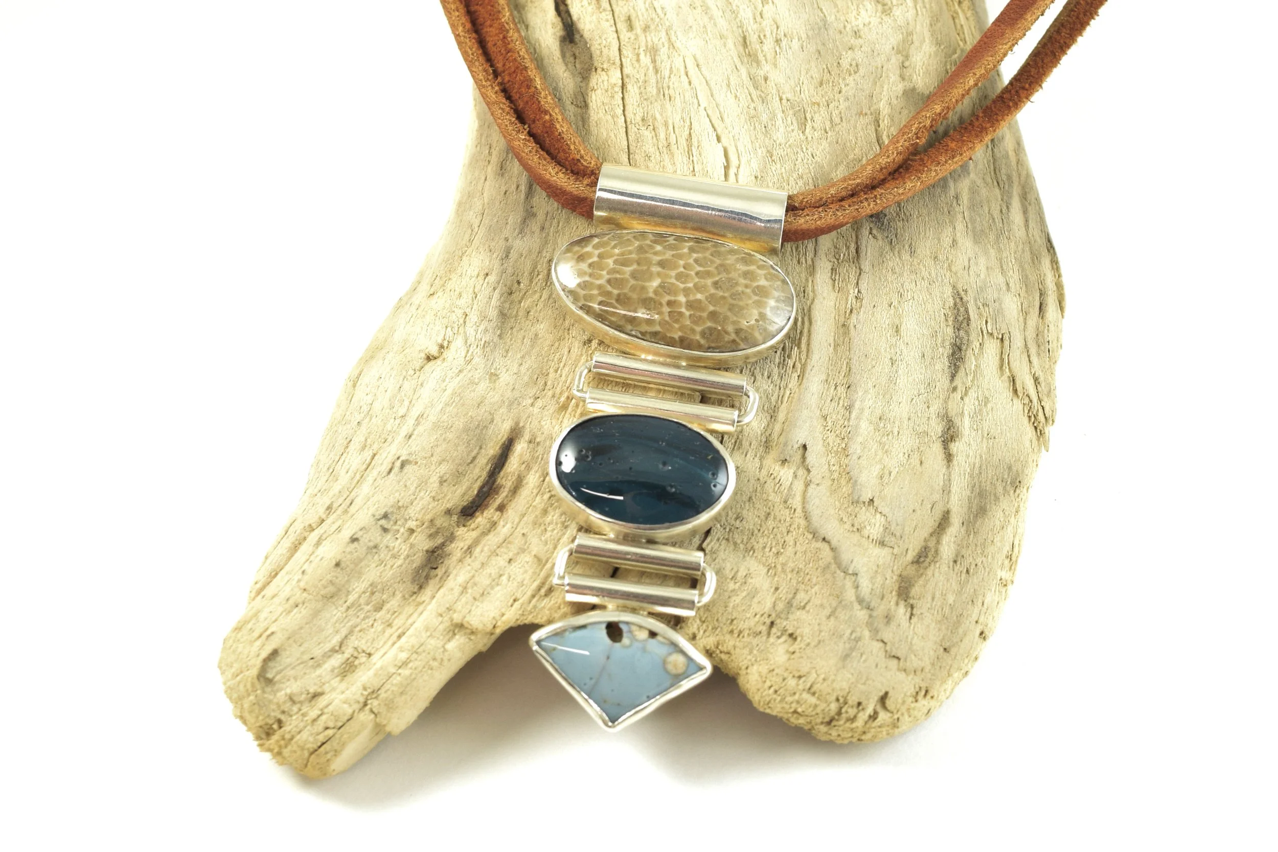 Triple Beach Stone Pendant With Leland Blue & Fossil Coral