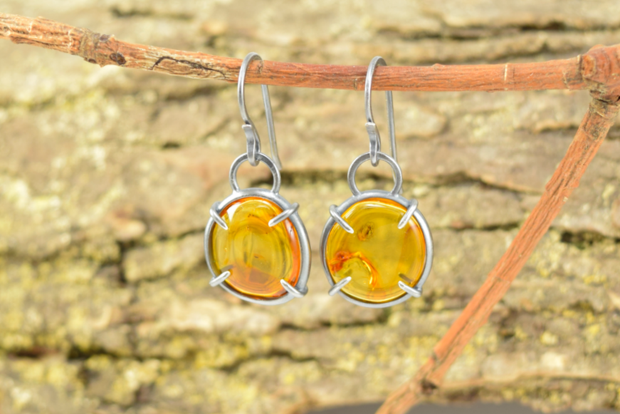 Baltic Insect Amber Earrings - Round