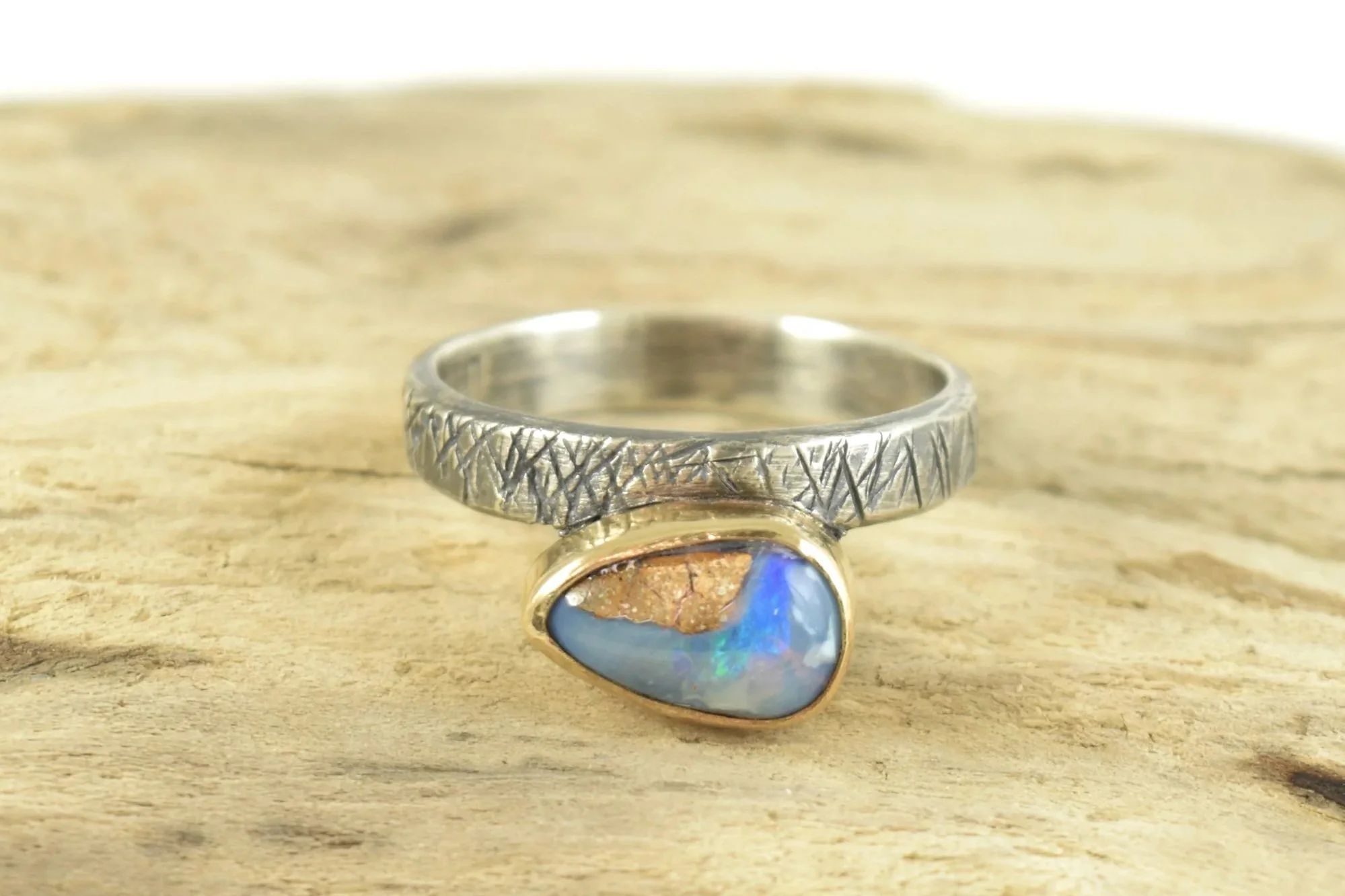 Mixed Metal Boulder Opal Ring - Size 6