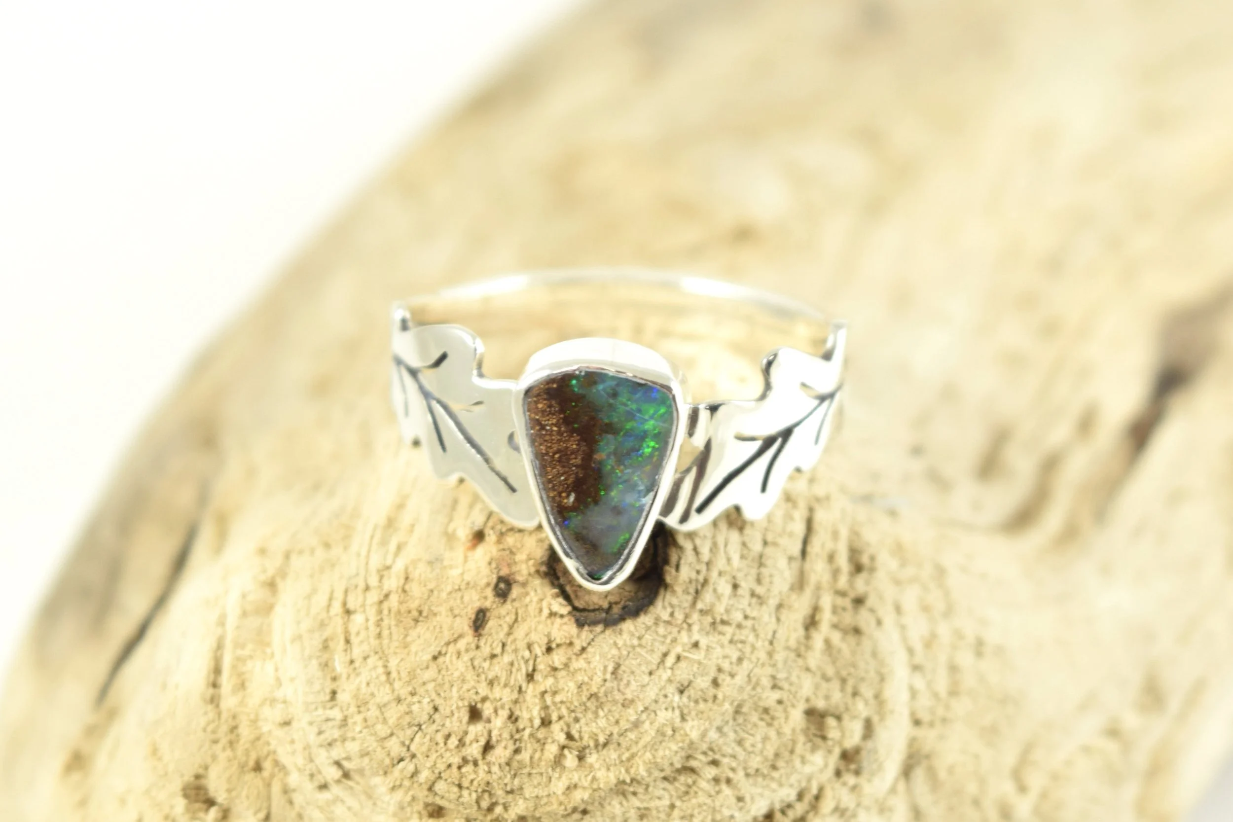 Boulder Opal Oak Leaf Ring - Size 6.5