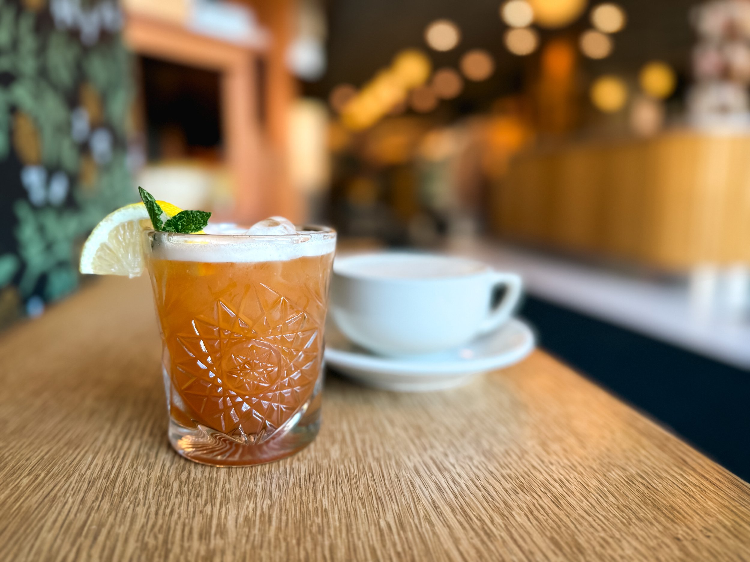 Honeypie's Green and Gold Rush cocktail and Maple Leaf Latte in the cafe