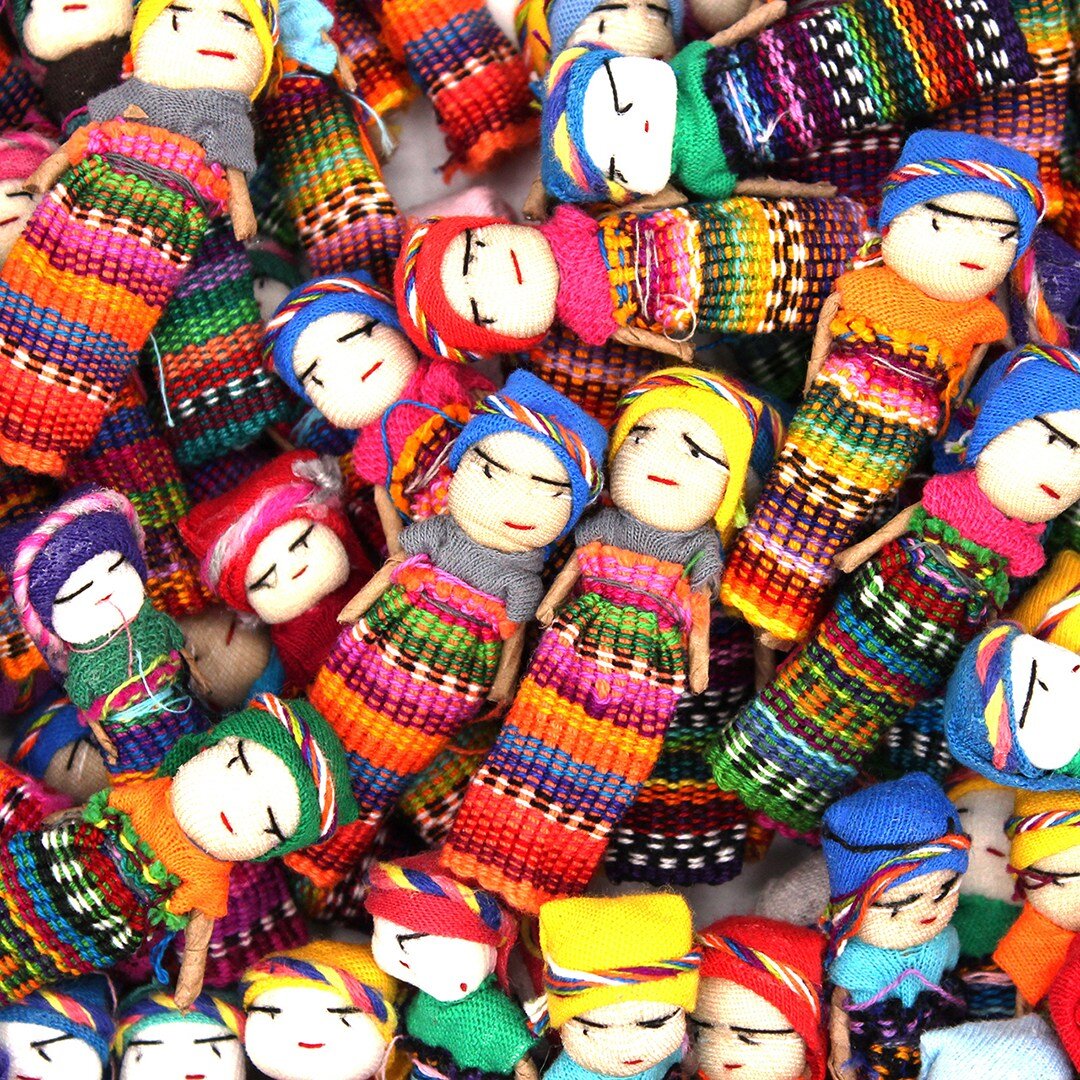 2 SETS/WORRY DOLLS FROM GUATEMALA/6 DOLLS WOVEN POUCH/6 DOLLS HANDMADE WOOD BOX 