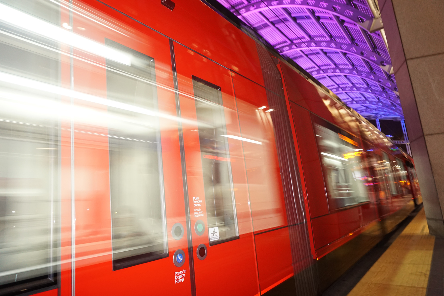 The Sony flash created an unusual combination of frozen motion and blur on this moving train. The built-in pop-up flash is weak, but it's better than no built-in flash at all (like the Olympus). Click to enlarge.