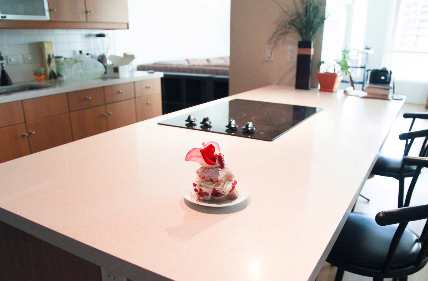 First photo: Kitchen counter. It's dark back here and required flash.
