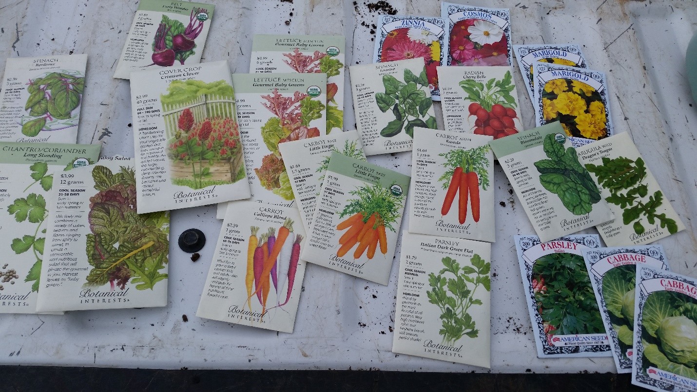 First gather up your favorite winter veggies, herbs, and flower seeds. Here are some of our favorites.