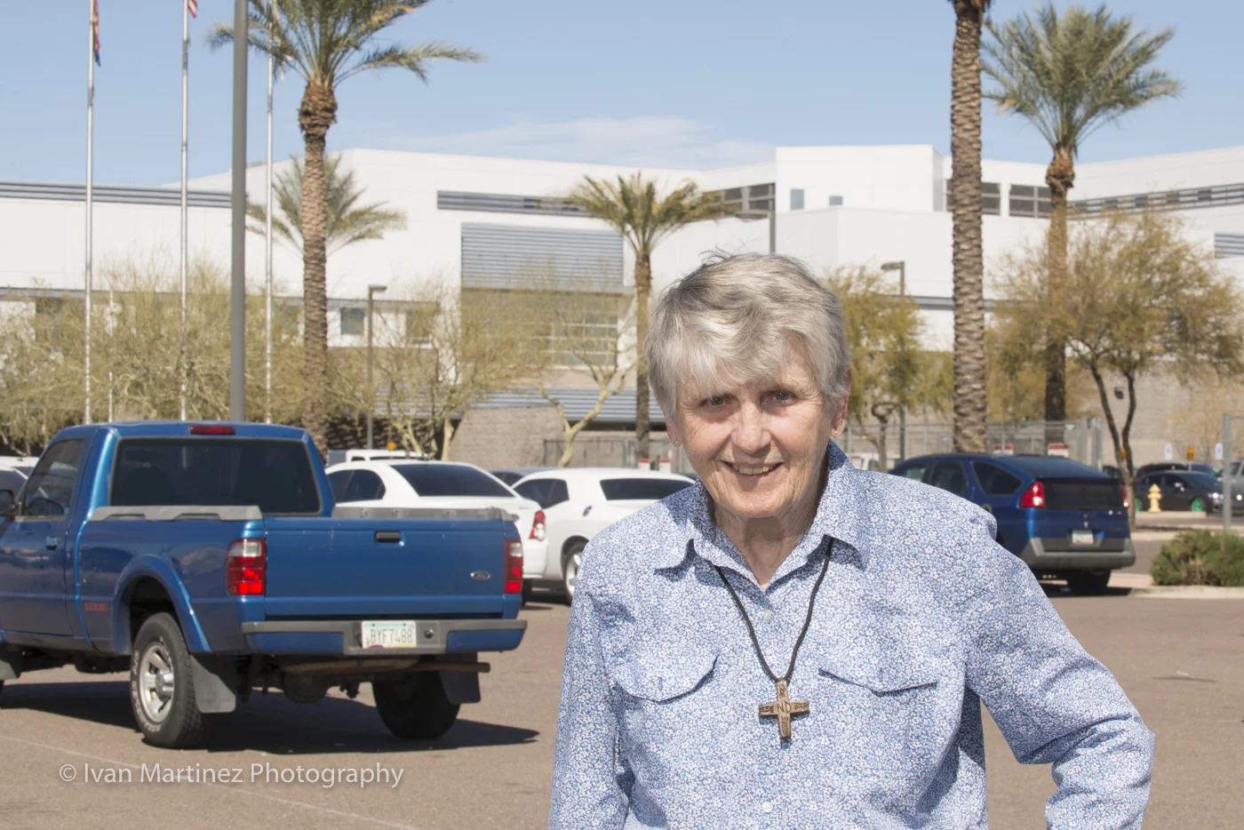 Sister Mag of Sisters of Notre Dam de Namur in from of the Buckeye Jail in Phoenix