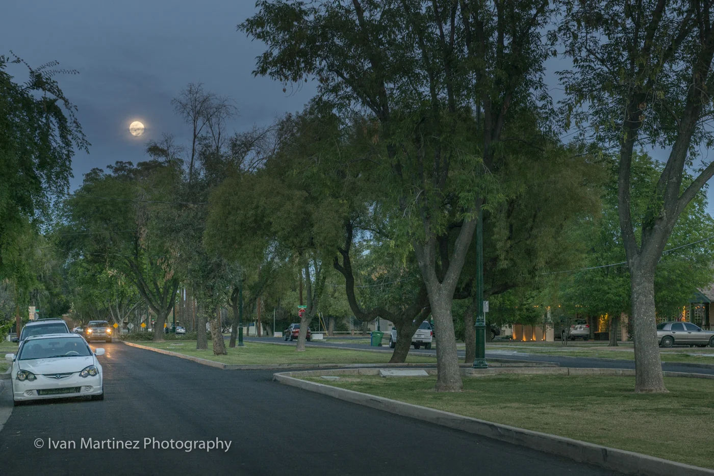 Second Street Historic District Downtown Mesa under the full moon. Photo by Ivan Martinez Photography