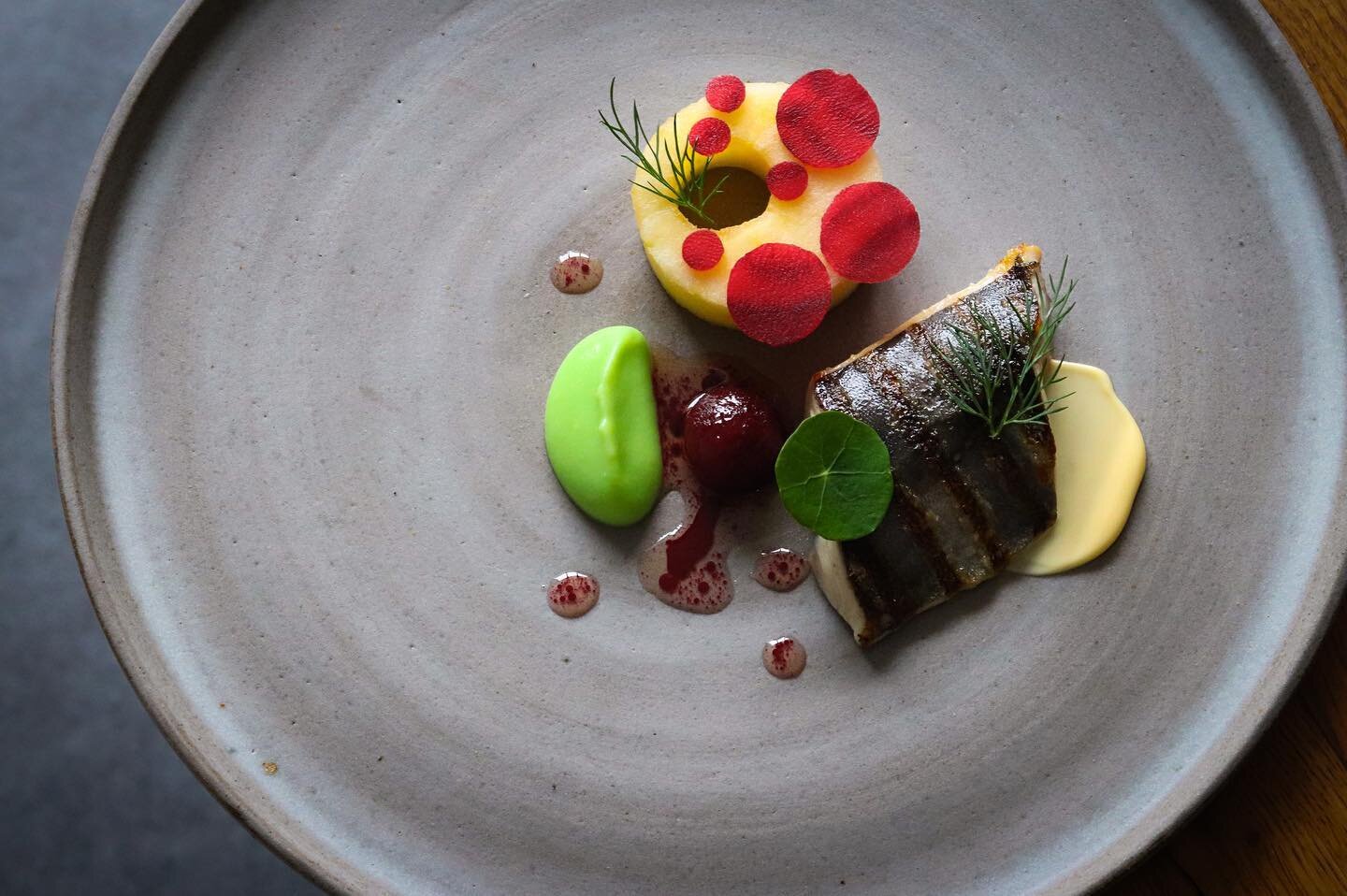 Ahh the wonders of Pampol. A local fish with similar qualities of the humble mackerel, a slightly lighter colour flesh but just as lovely and oily. 
-
Chargrilled and rare Pampol, apple cooked in apple juice and white balsamic, beetroot, and beetroot