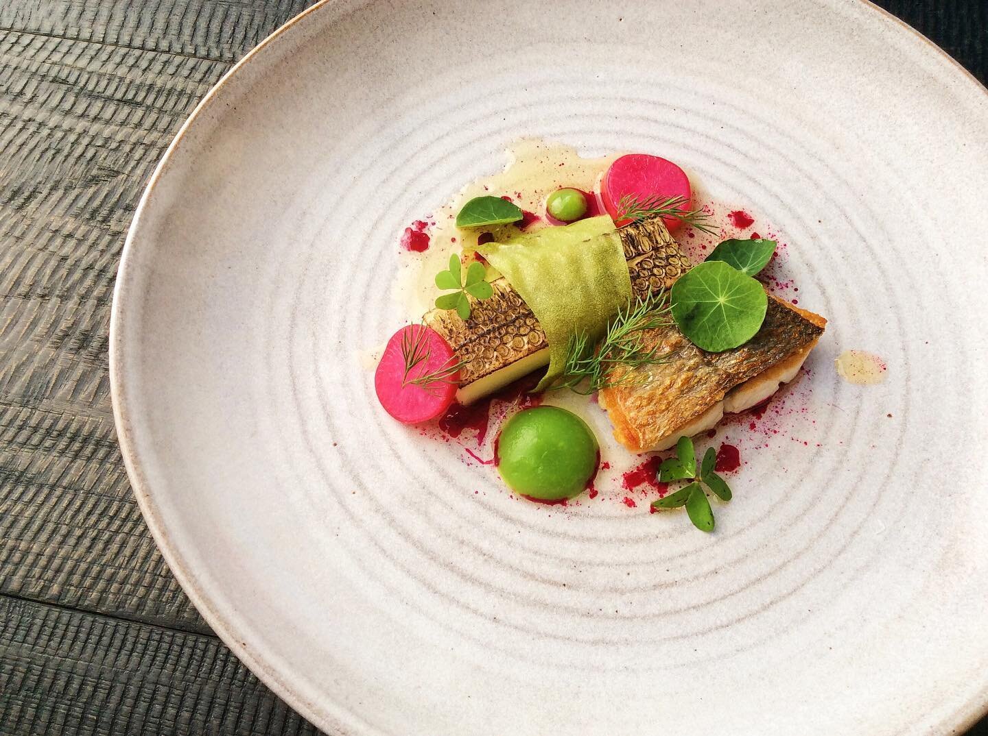 Throw Back to Dorada... 
Panfried sea bream, pickled and torched cucumber, apple sheet, apple pur&eacute;e, beetroot pickled radish, beetroot radish dressing, garden herbs 🌿 
- 
- 
#tbt #dorada #seabream #apple #radish #1 #privatechef #soller #mallo