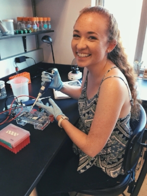 Sarah loads a gel at the bench.