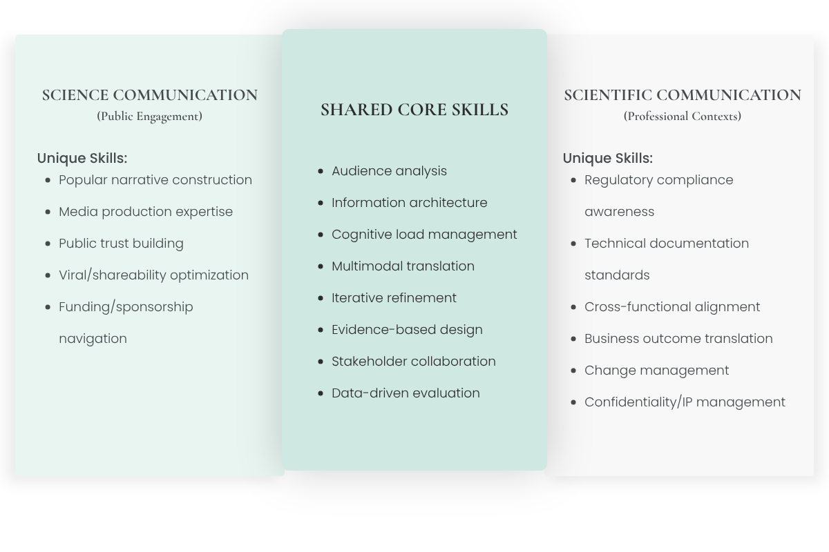 venn diagram showing science communication skills, scientific communication skills, and shared core competencies including audience analysis and information architecture