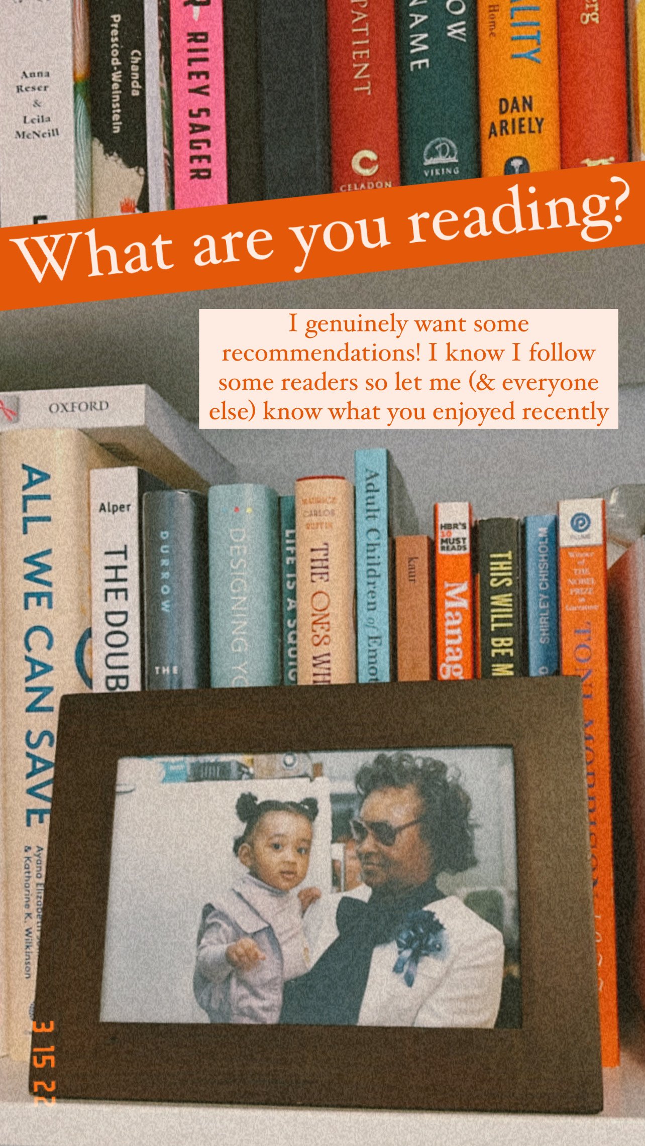 Two bookshelves with text overlay that asks “What