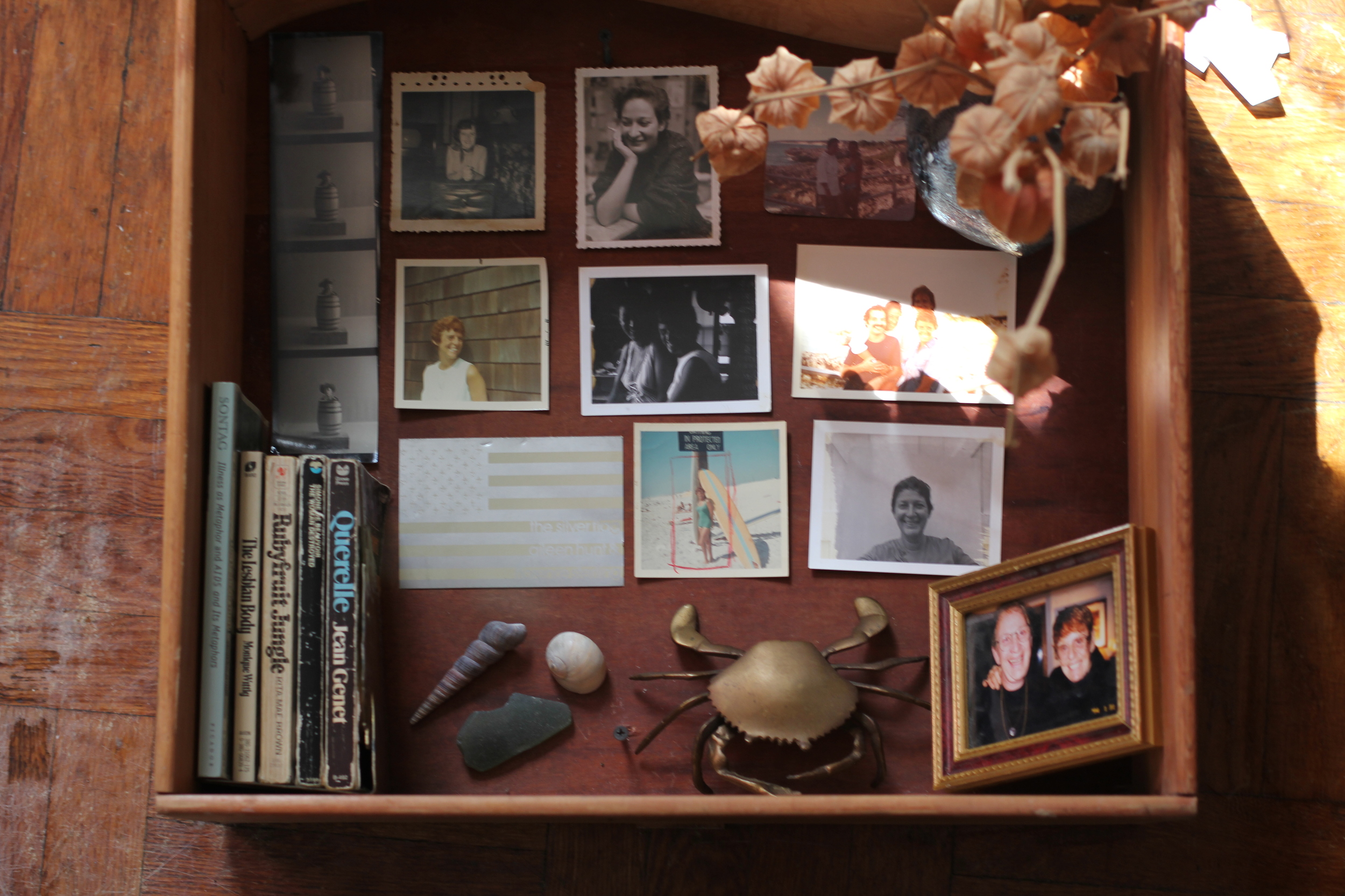 an empty drawer decorated with old photographs, books, and sea shells