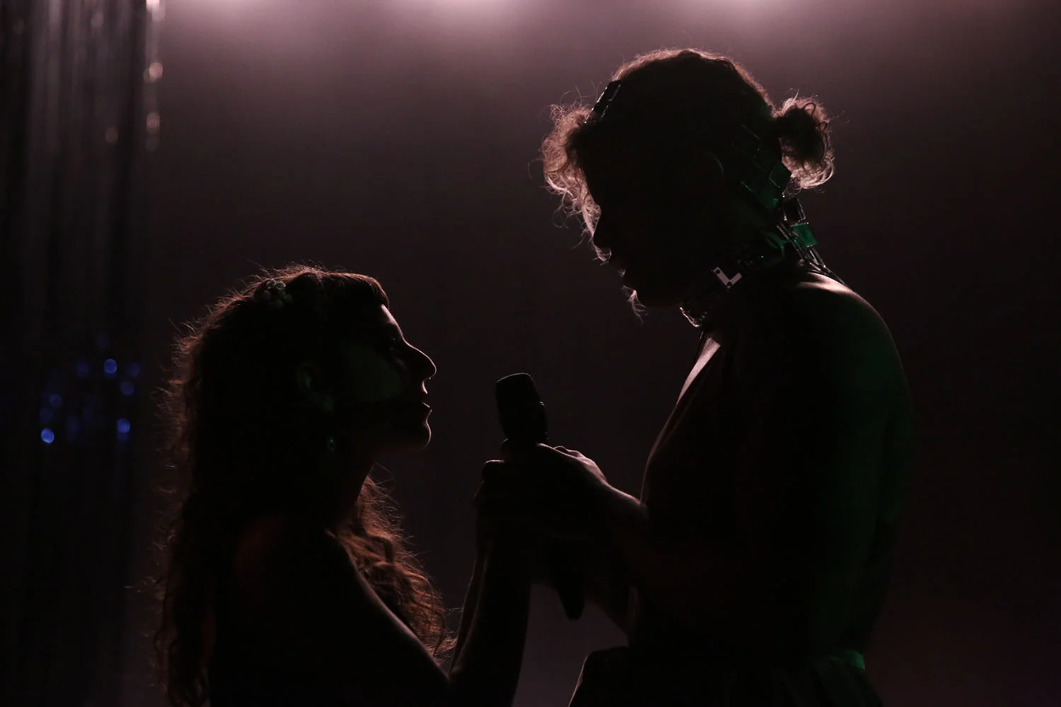 Sasha and Tourmaline hold a mic together and are sillhouetted