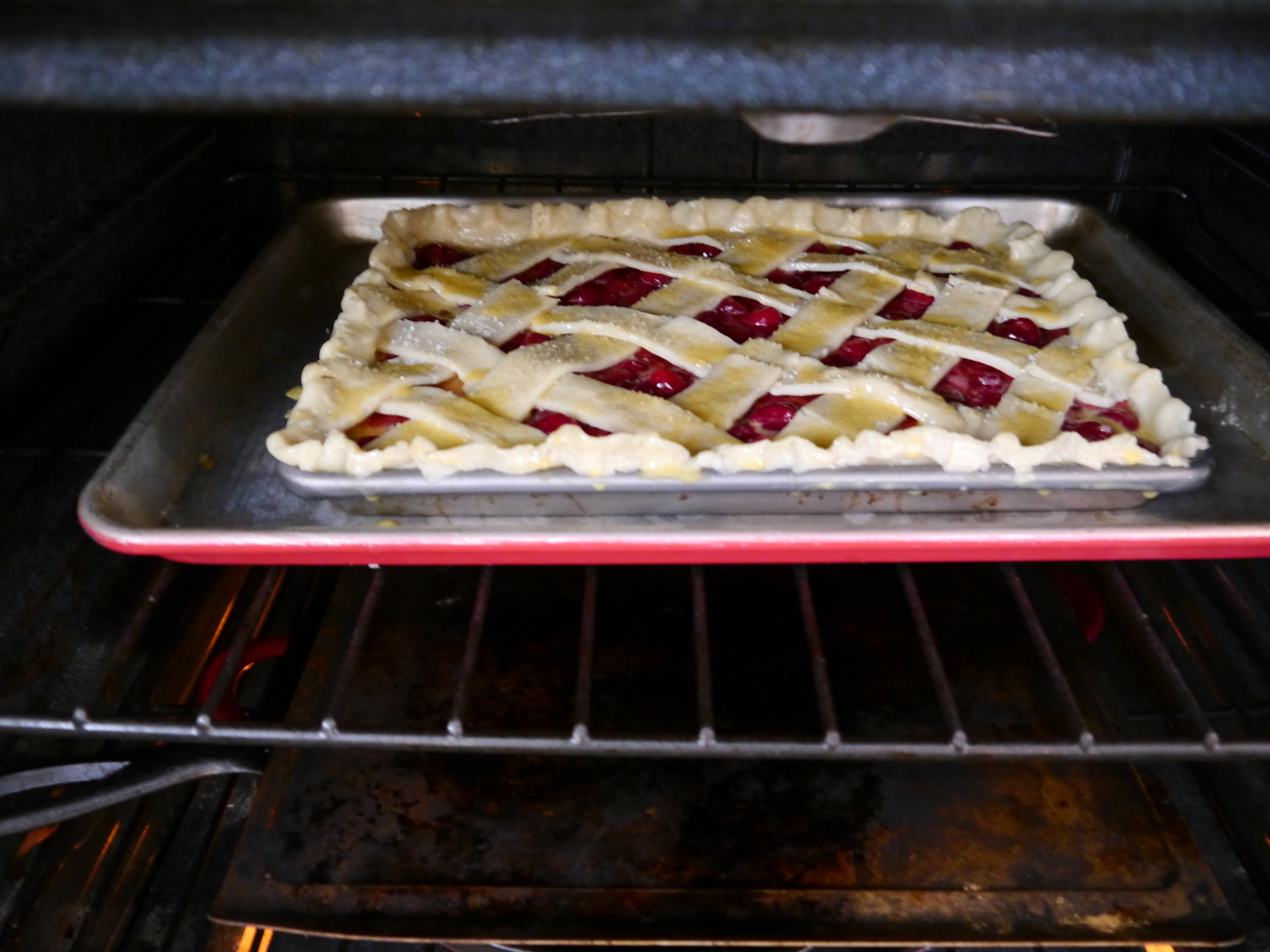 My egg-washed pie entering the oven. 