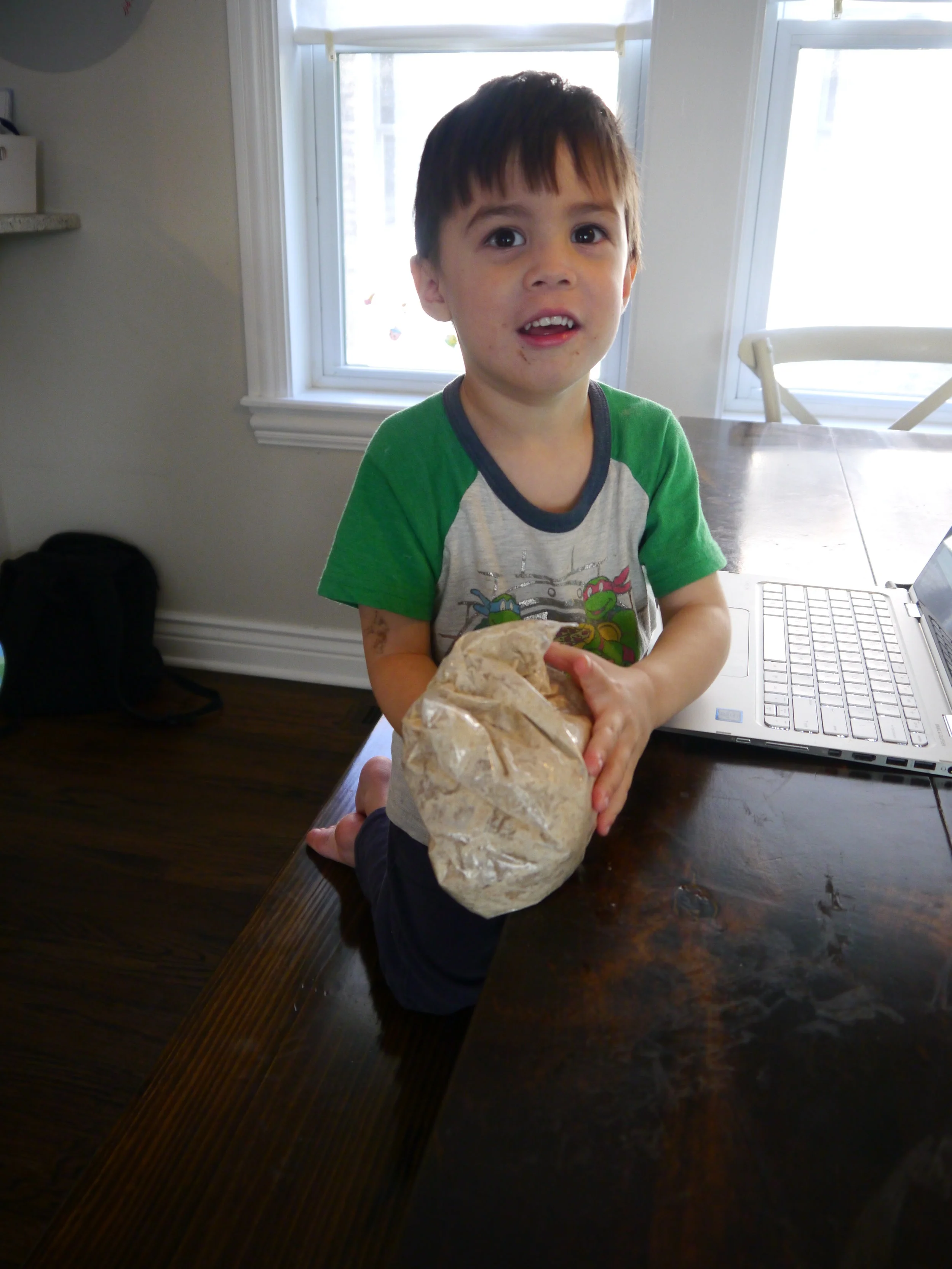Emmett was in charge of making the Brown Bread. The mix is awesome. All you need to do is add milk to this plastic zip-top bag, seal the bag and mix it in with your hands. 