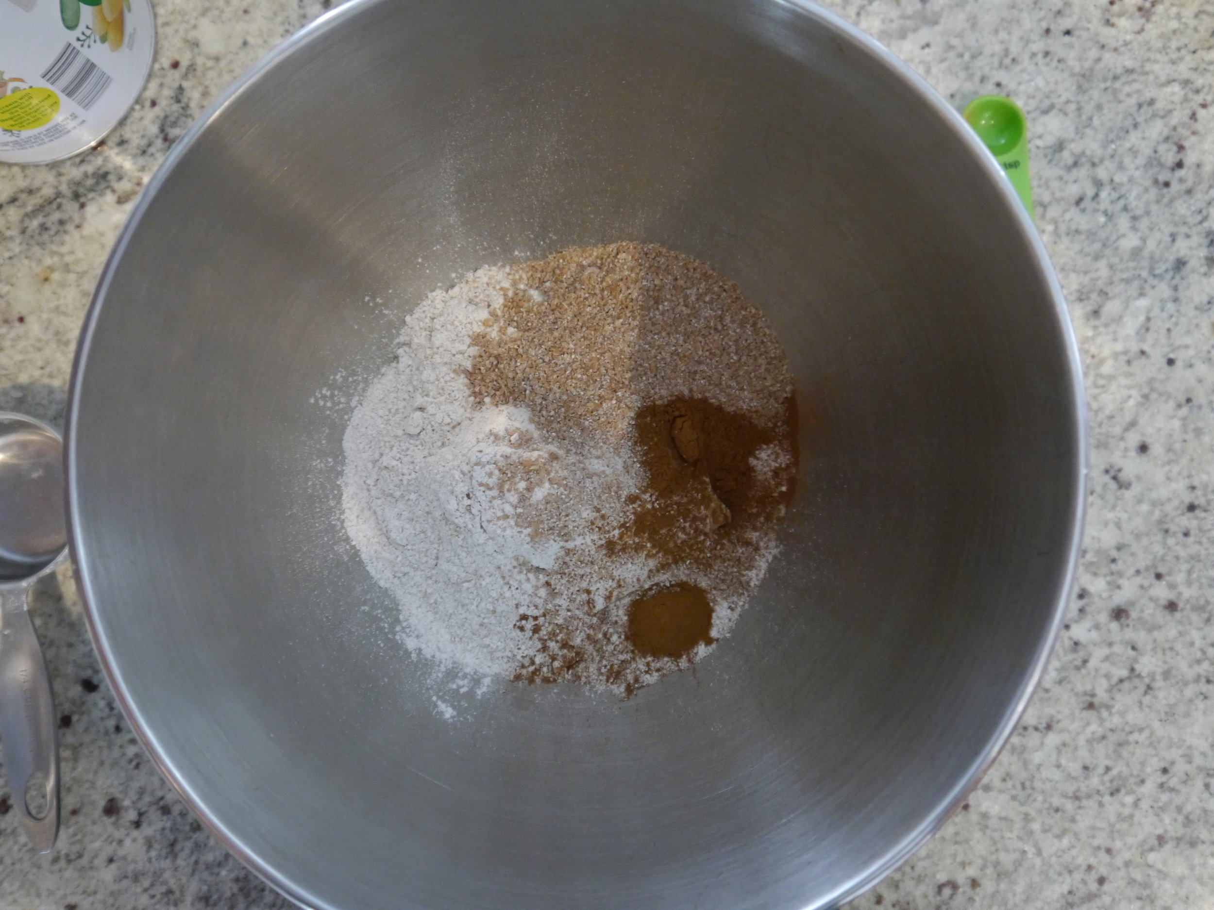 Whisk both flours, wheat bran, cinnamon, salt, and the baking soda in a medium bowl.