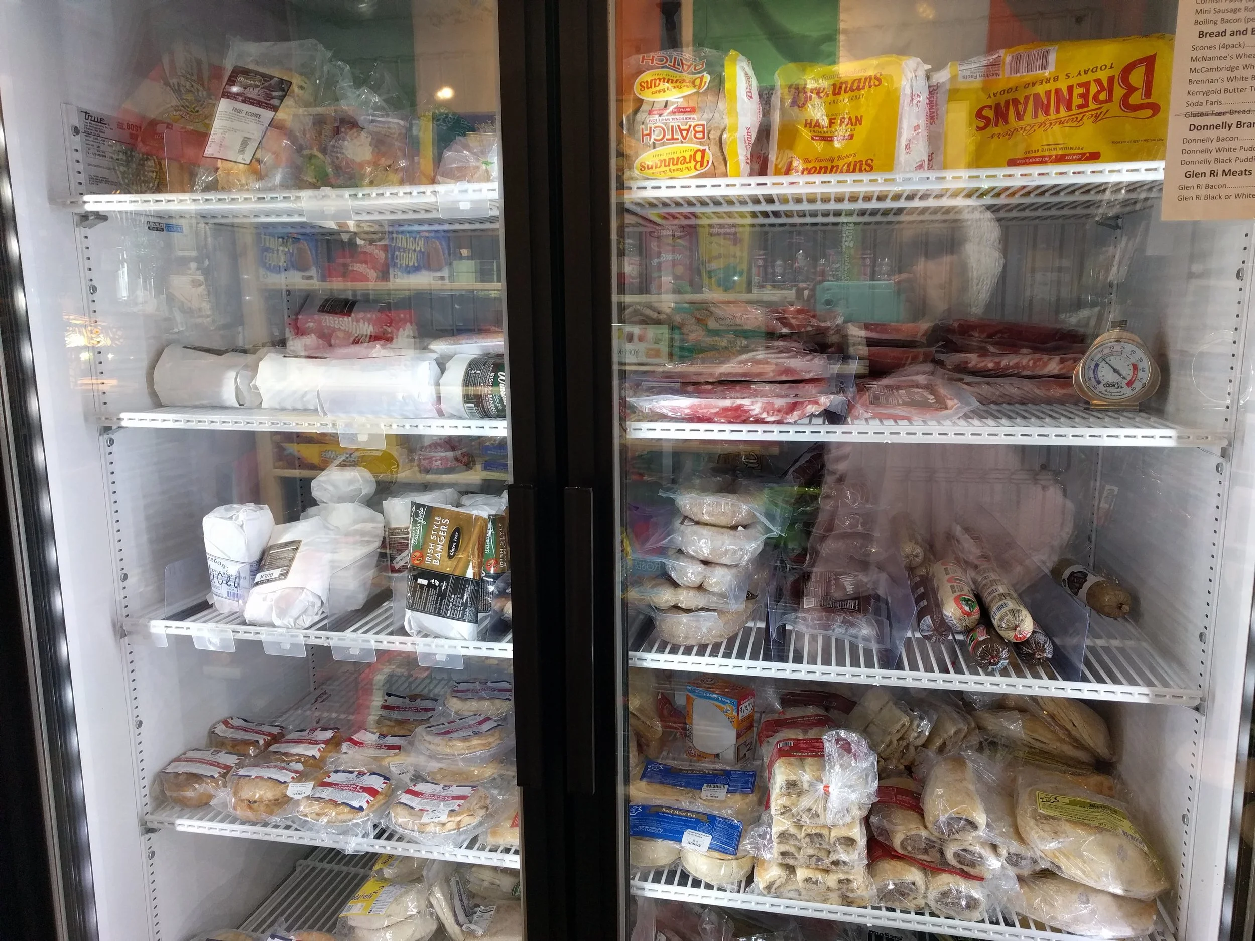 Soda bread, brown bread, potato farls, sausage rolls, Winston's sausages, meat pies, black and white puddings, Irish bacon and more.
