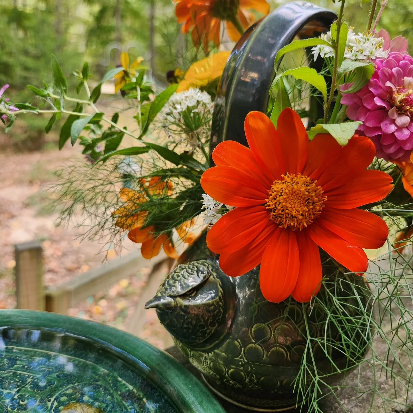 Late summer flowers in a basket vase.