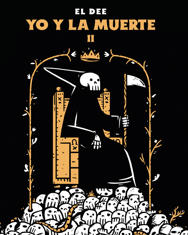 Cómic de El Dee / David Espinosa, parte de su obra publicada y de su exploración narrativa alrededor del humor, la muerte, lo cotidiano y la cultura visual mexicana de la muerte desde una óptica Bergmaniana