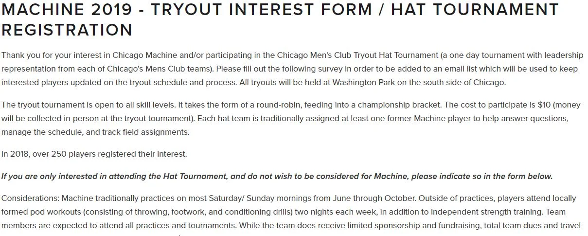 2019 Machine Tryout Information Released