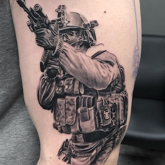 Fun start to a sleeve on a super cool veteran. Thanks for your service Joey. 
#selfinflictedstudios 
@selfinflictedstpeters 
#realistictattoo #realistictattoos #realistic #realistictattooartist #realistictattooing #realistictattoosleeve #tattoosleeve