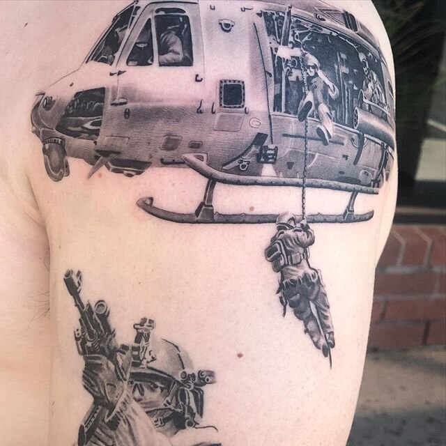 Can&rsquo;t wait to finish this. Always a pleasure tattooing our nations hero&rsquo;s. 
@selfinflicteddowntown 
#tattoos #tattooideas #blackandgreytattoo #blackandgreyrealism #ink #realistictattoo #realismtattoo #helicopter #military #militarytattoo 