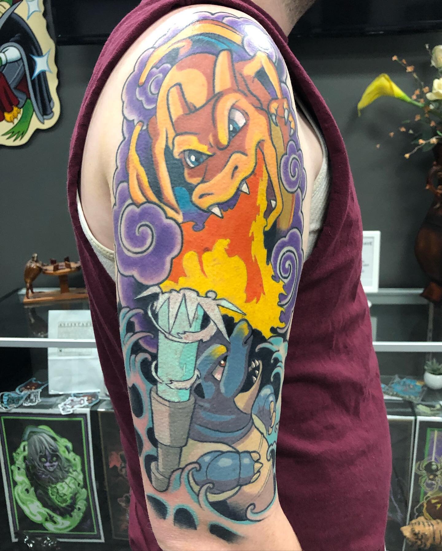 I&rsquo;m terrible about posting. Here&rsquo;s a charizard vs. blastoise i made. Some fresh mostly healed. Thanks for looking! 
.
.
.
.
#pokemon #pokemontattoo #charizard #blastoise #charizardtattoo #blastoisetattoo #pokemonmaster #tattoo