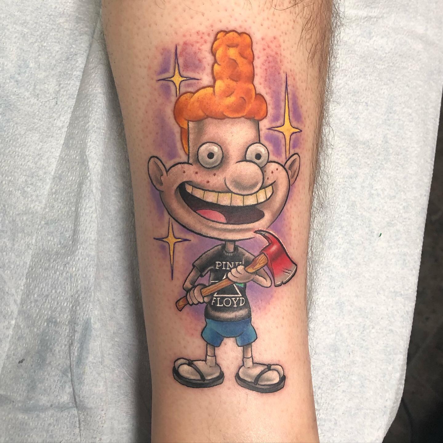 &ldquo;Careful with that axe Eugene&rdquo;  Not the best pics but you get the idea.  #pinkfloyd #pinkfloydtattoo #heyarnold #heyarnoldtattoo #90scartoons #tattoo# #newschooltattoo